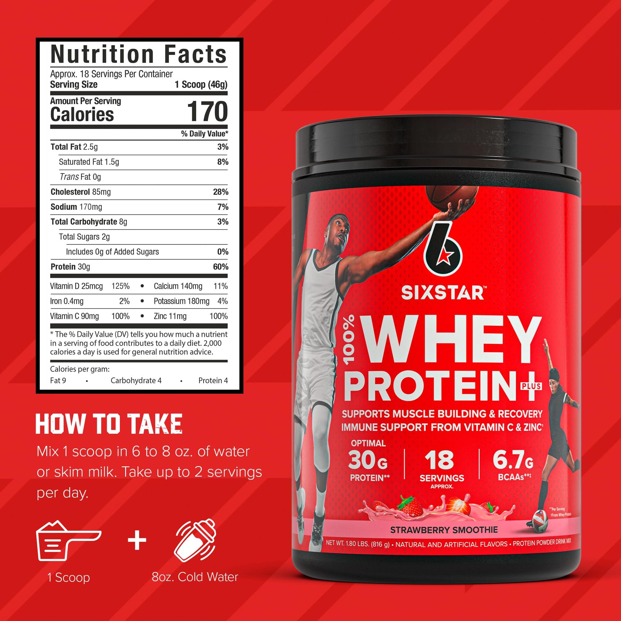 Six Star Whey Protein Powder Plus - Muscle Building & Recovery Formula with Whey Isolate Powder, BCAAs, 30g Protein, Immune Support - Post-Workout Supplement - Strawberry Smoothie, 1.8 lbs - Image 5