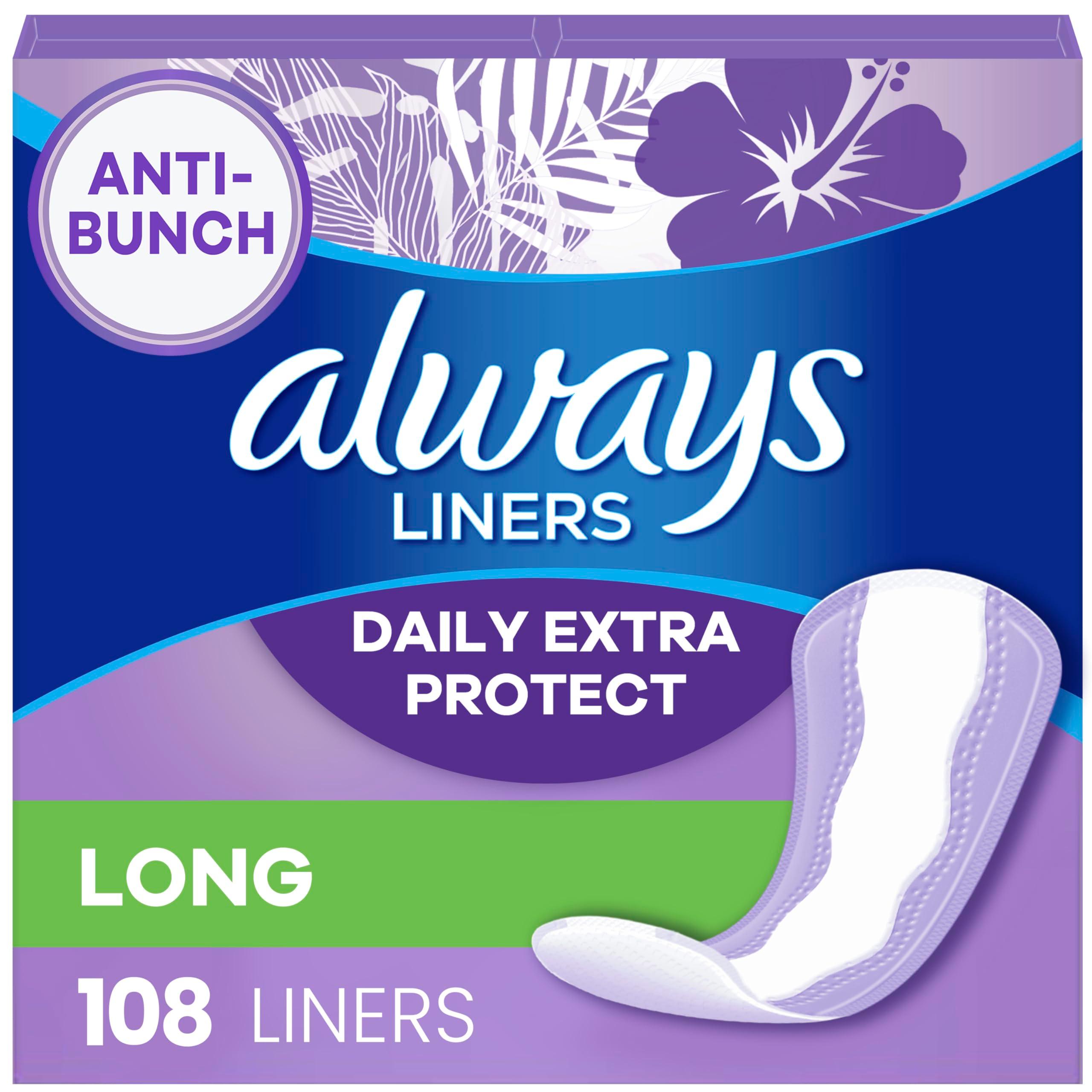 Always Anti-Bunch Xtra Protection Daily Liners Long Unscented, Anti Bunch Helps You Feel Comfortable, 108 Count (Packaging May Vary)