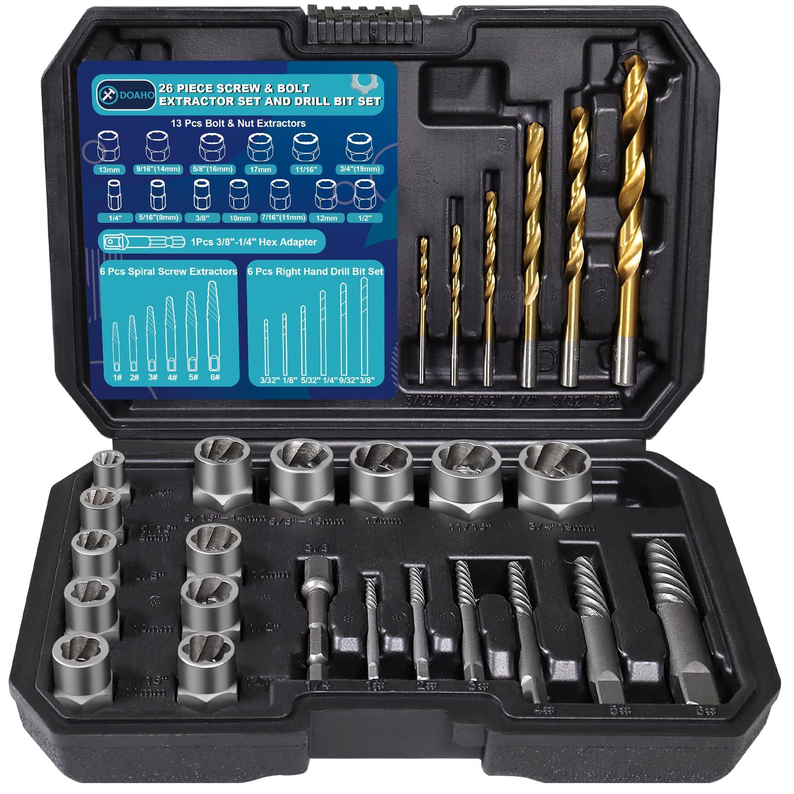 DOAHO 26 Piece Impact Bolt and Spiral Screw Extractor Set with Left Hand Reverse Drill Bit Kit for Easy Out Damaged Stripped Broken Screw Lug Bolt Nut Remove with Hex Adapter