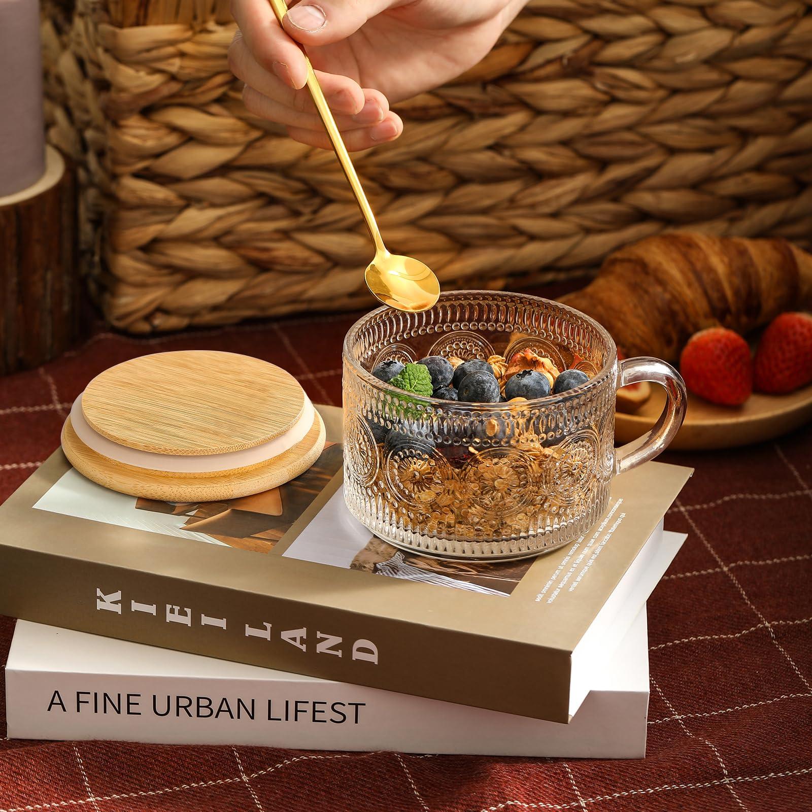 LANDNEOO 4pcs Set Vintage Coffee Mugs gifts for women, Overnight Oats Containers with Bamboo Lids and Spoons - 14oz Clear Embossed Glass Cups, Cute Coffee Bar Accessories, Iced Coffee Glasses - Image 6