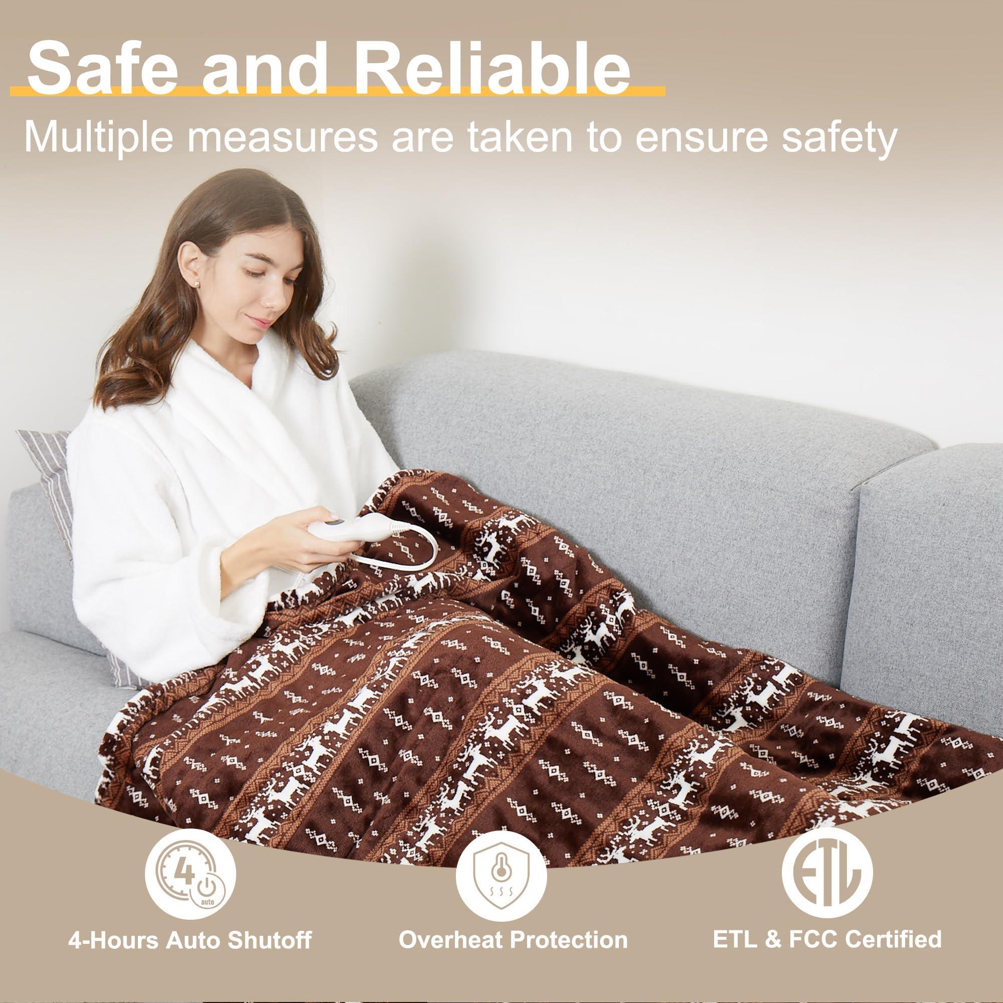 Gintao Electric Heated Blanket Throw,Double Flannel Electric Throw with 3 Heating Levels,ETL&FCC Certified, 4H Auto Off Overheat Protection,Heating Blanket for Home Office, 50"x60"Brown - Image 2