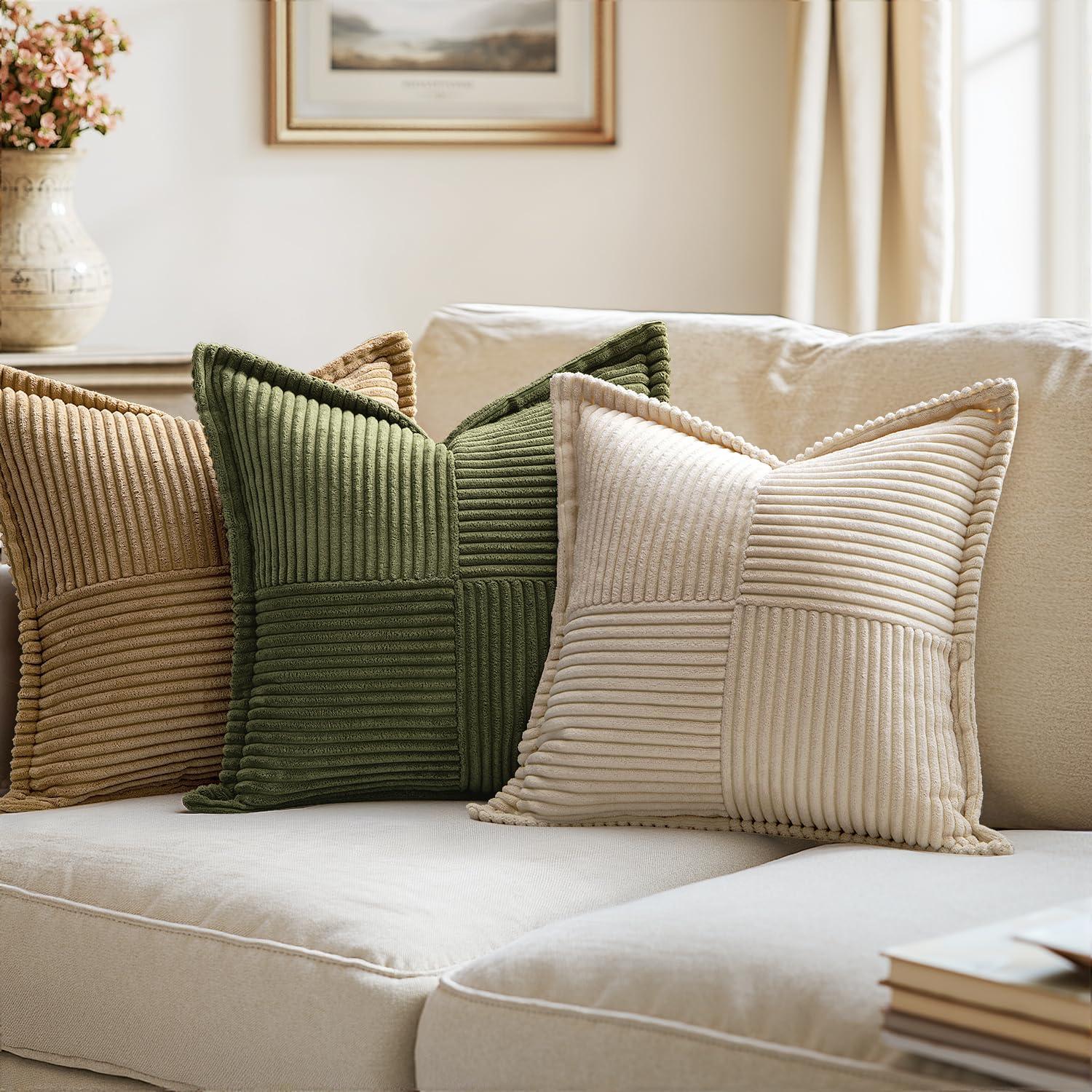MIULEE Corduroy Pillow Covers with Splicing Set of 2 Super Soft Boho Striped Pillow Covers Broadside Decorative Spring Throw Pillows for Couch Cushion Livingroom 18x18 inch, Beige - Image 2