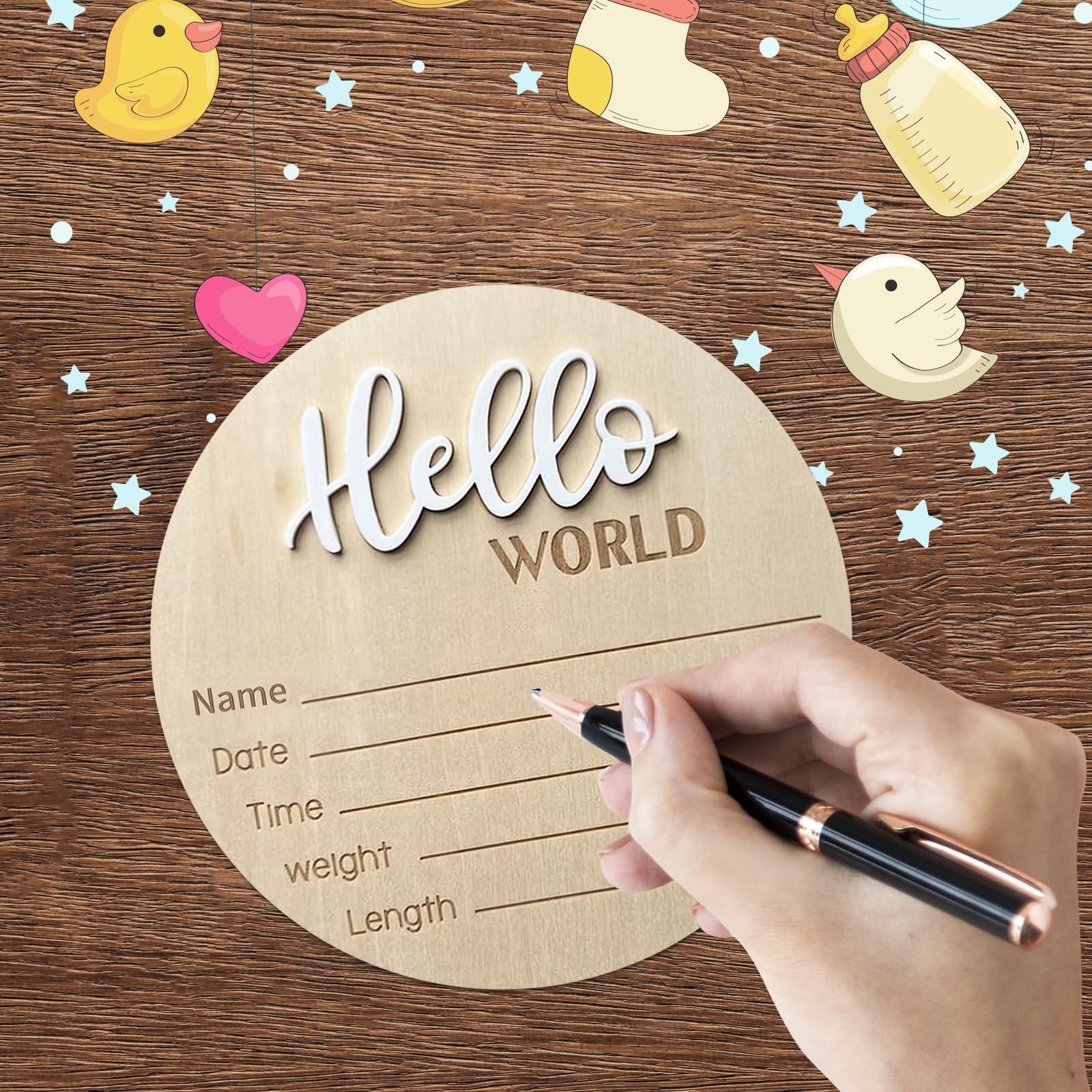 Baby Announcement Sign, ​5.9 Inch Wooden Hello World Newborn Signs, Birth Announcement Sign, Baby Shower Hospital Nursery for Newborn Boys and Girls (White) - Image 4