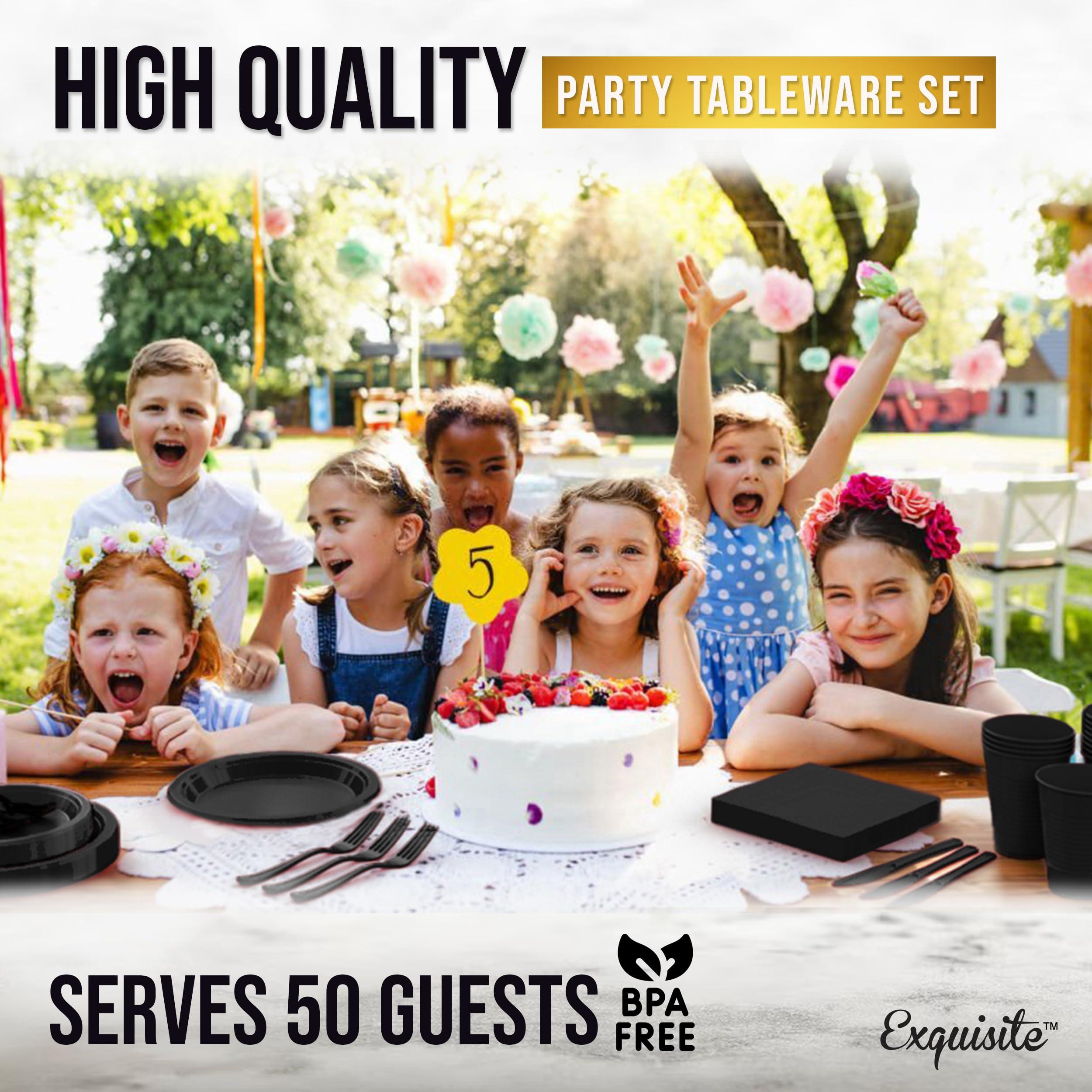 350 Pcs Black Plastic Plates For Party, Black Disposable Plates Set, 50 Of Each 9" Dinner Plate Set, 7" Dessert Plate, Cups, Napkins & Cutlery Plastic Dinnerware Party Solids - Image 6