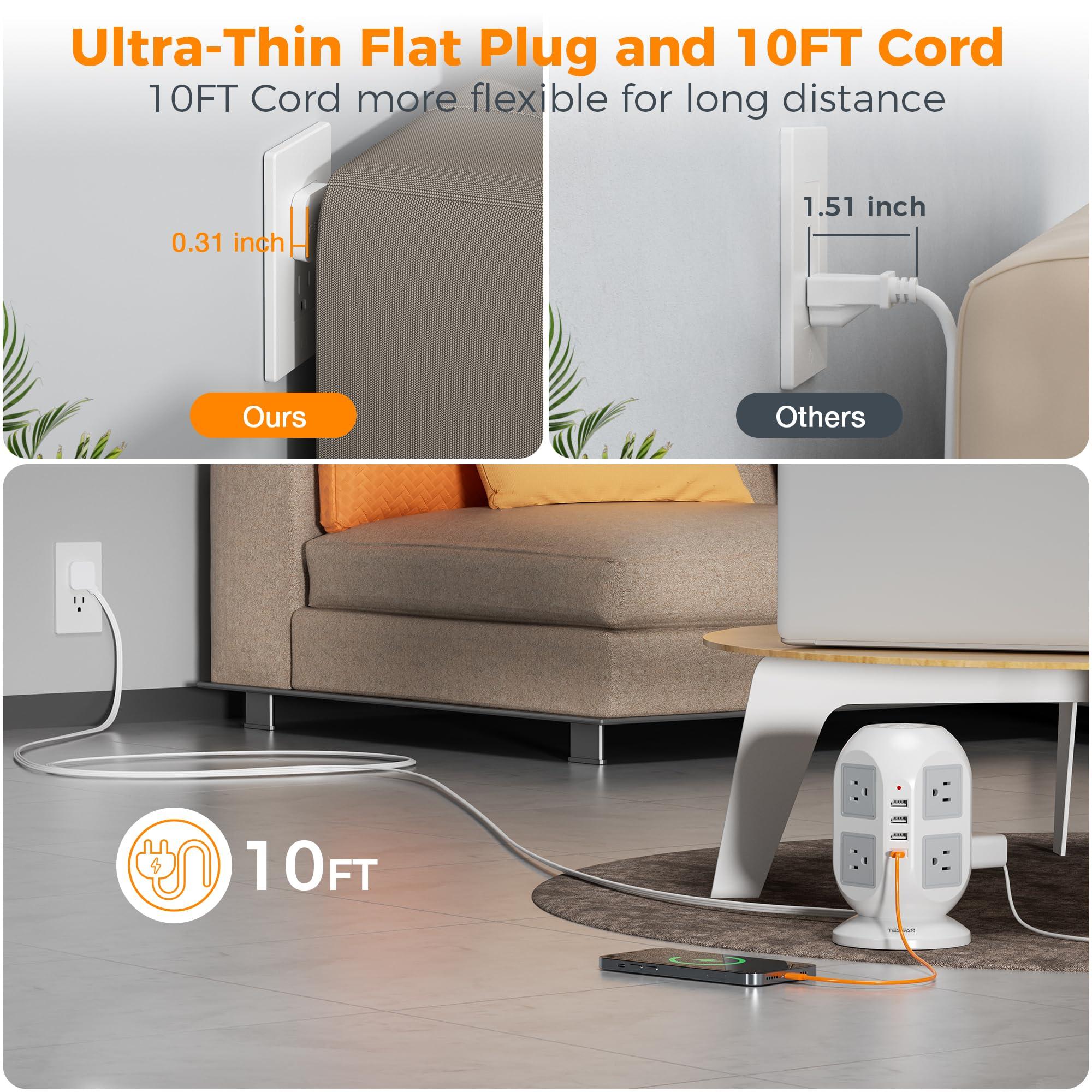 Tower Surge Protector Power Strip 10 ft, TESSAN Long Flat Extension Cord with Multiple Outlets, 8 AC Outlets with 4 USB Ports (1 USB C), Charging Station with Surge Protection, for Home Office Dorm - Image 2