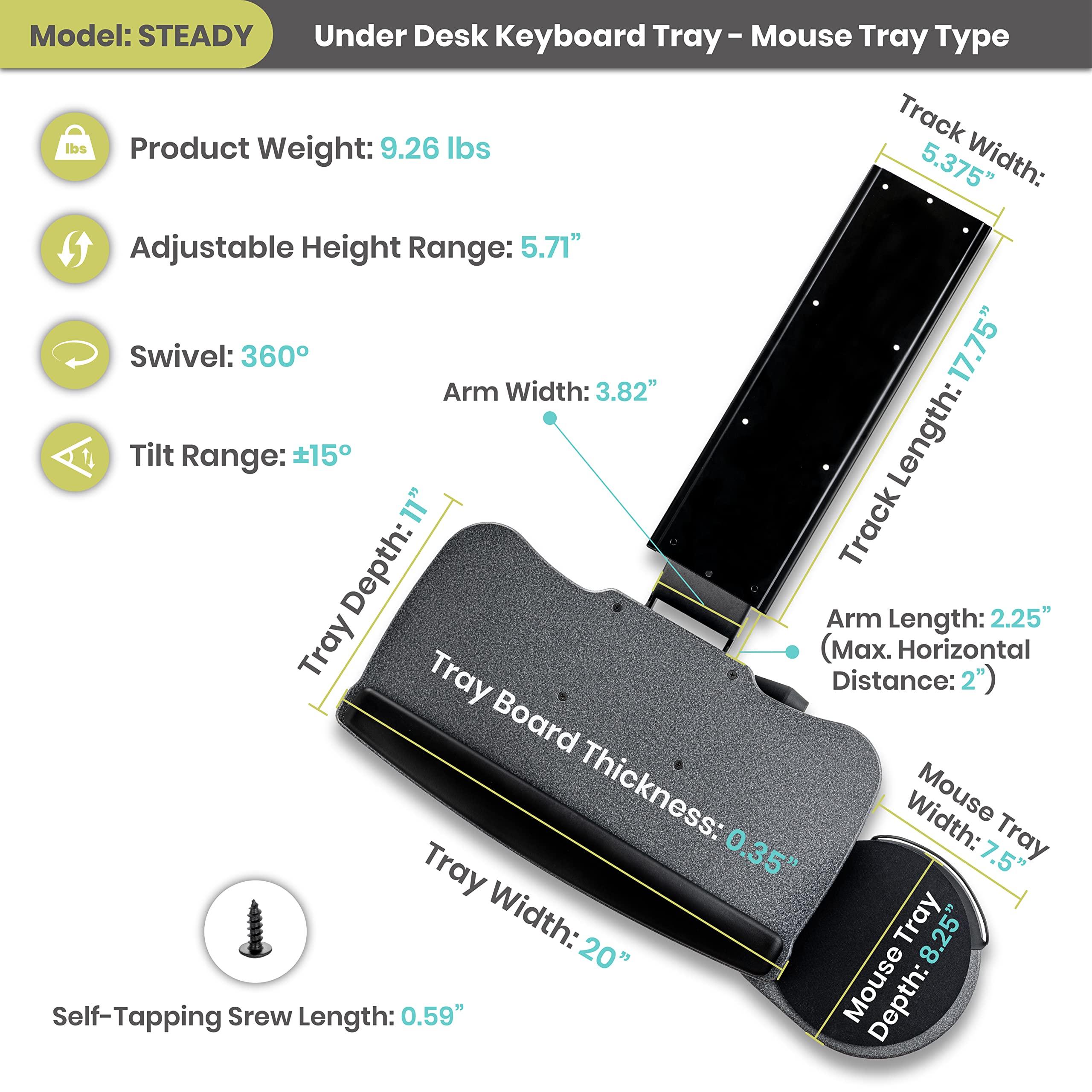 FERSGO Under Desk Keyboard Tray, 20" x 11" Tray, 17.75" Track, One Knob Control, Undermount Sliding Computer Keyboard and Mouse Tray with Wrist Rest, Swivels 360° with Adjustable Height and ±15° Tilt - Image 2