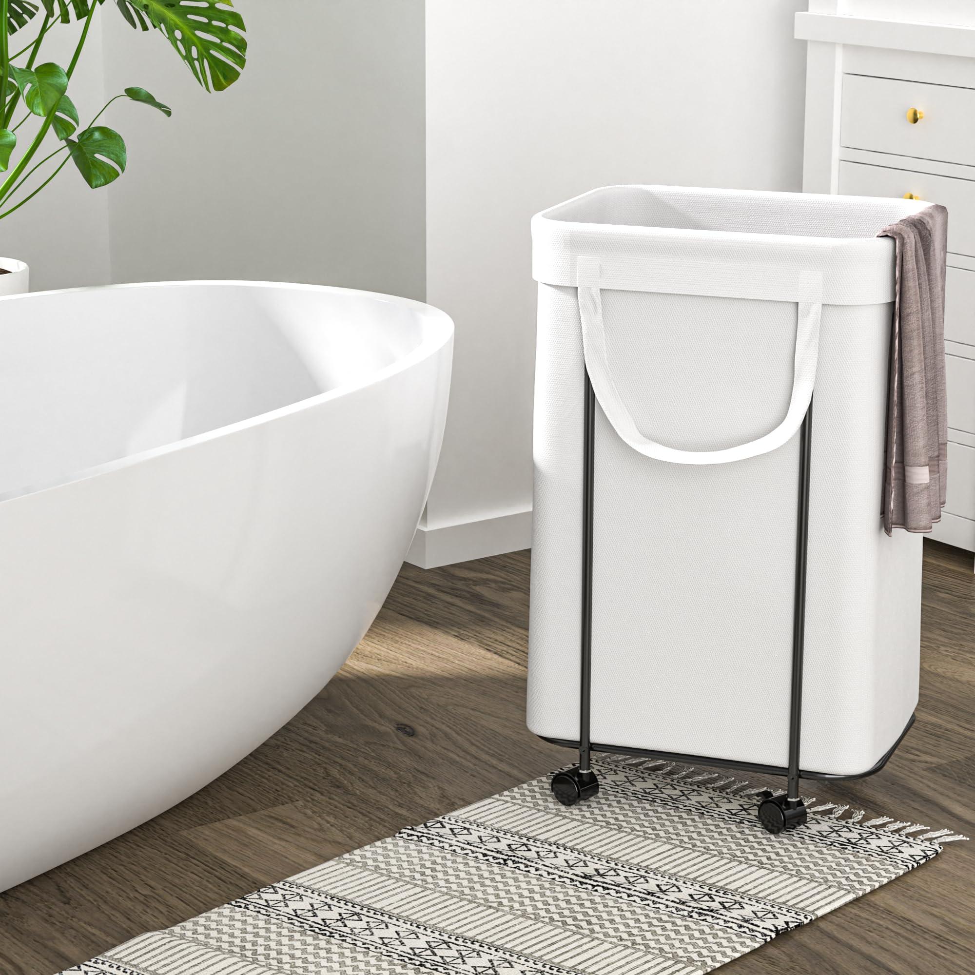 Wheels Laundry Hamper, Laundry Basket Organizer, 90 Litre Small Dirty Clothes Basket with Removable Lined Bag for Bathroom and Bedroom Storage (White) - Image 5