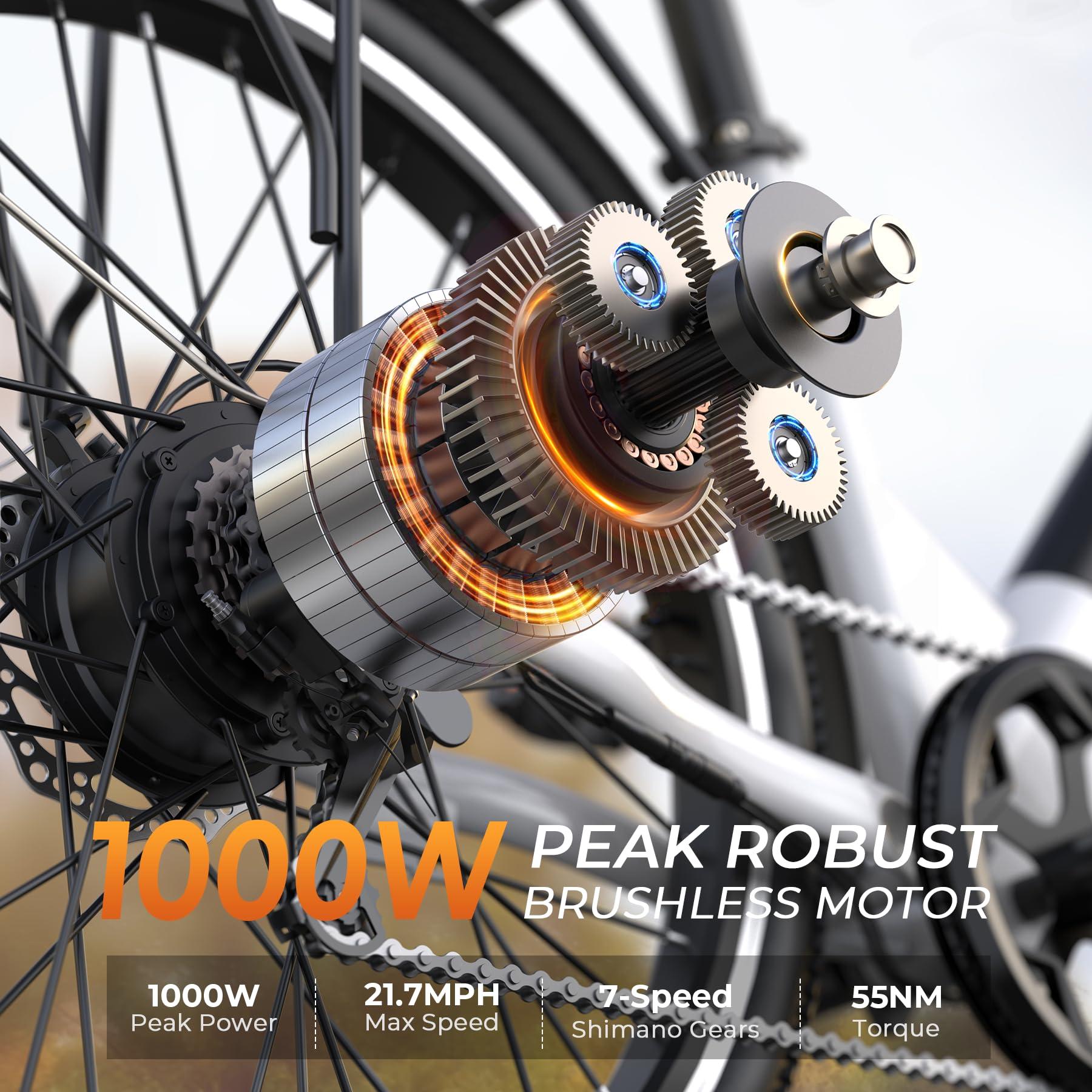 Funhang Electric Bike for Adults, 1000W Peak EBike, 50 Miles 21.7MPH Adult Electric Bicycles with 48V Built-in Removable Battery, Adjustable Stem, Rear Rack, 7 Speed, 26" Step-Thru E Bike for Commute - Image 2