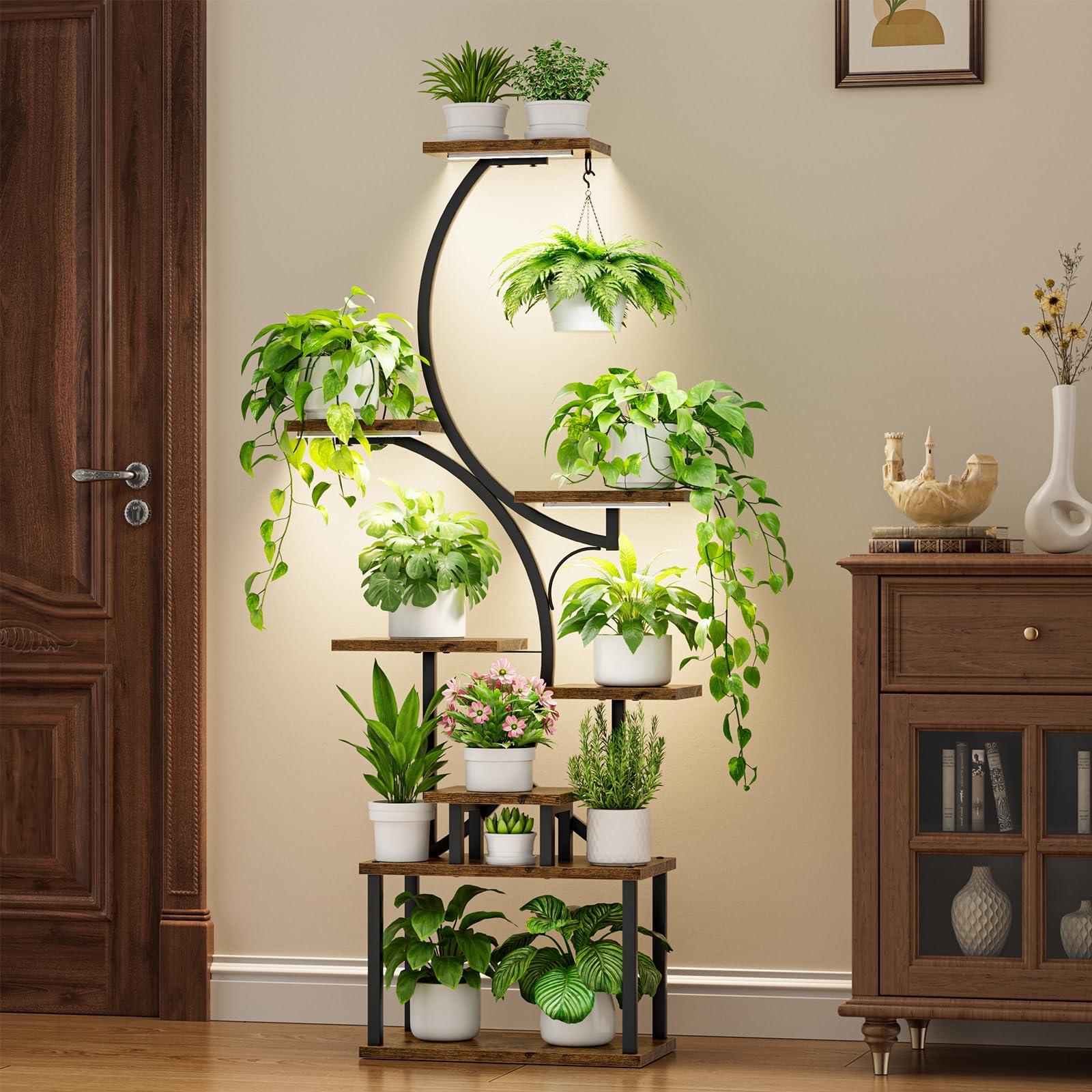 Plant Stand Indoor with Grow Lights - 62" Tall Plant Shelf, Lighted Corner Plant Stands for Indoor Growing, 8 Tiered Large Flower Holder, S-Shaped Decorative Rack for Living Room, Black, Patent Design - Image 3