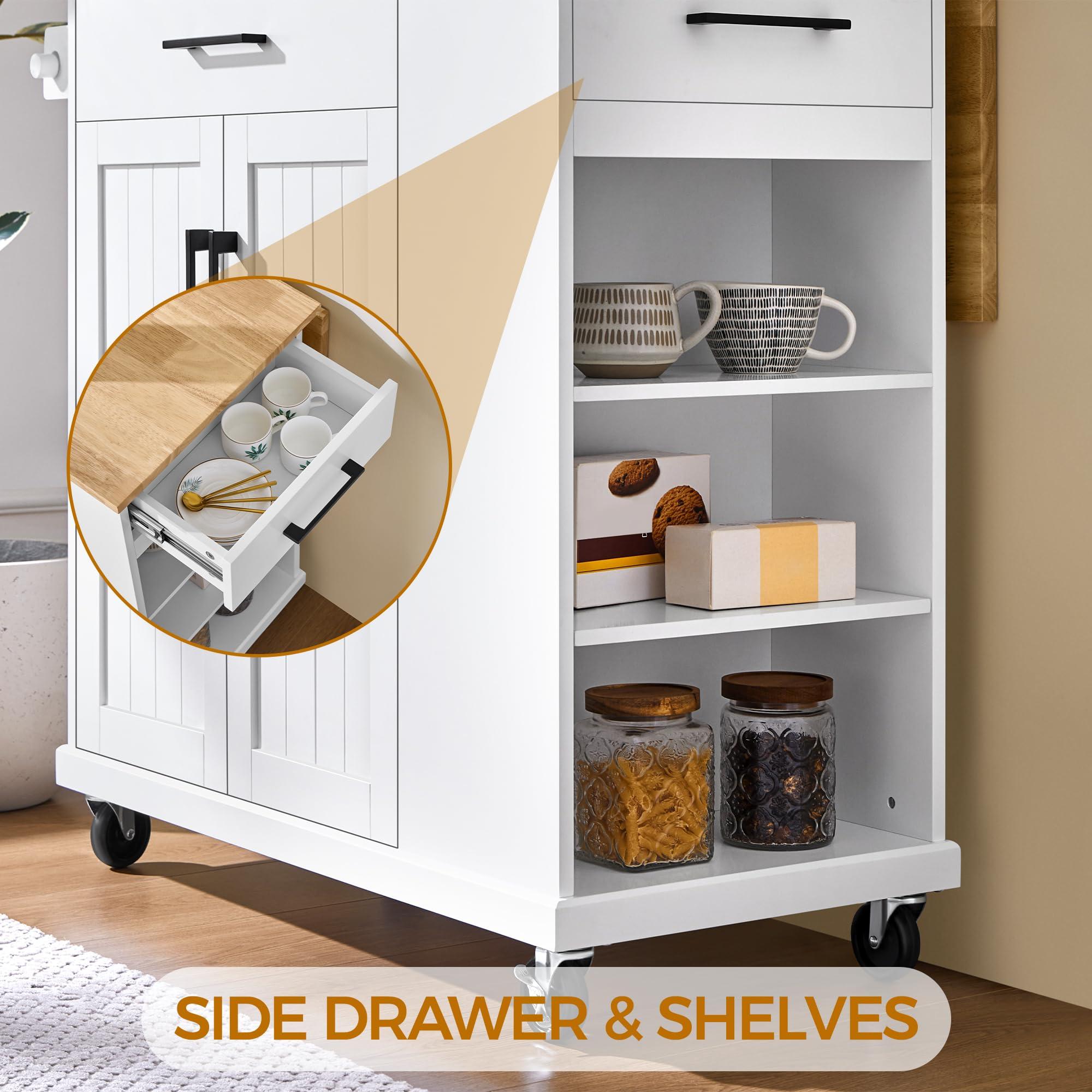 Yaheetech Rolling Kitchen Island Cart with Drop Leaf, Portable Rubberwood Breakfast Bar with Storage Cabinet, Open Shelves & Detachable Towel, 2 Drawers, White - Image 8