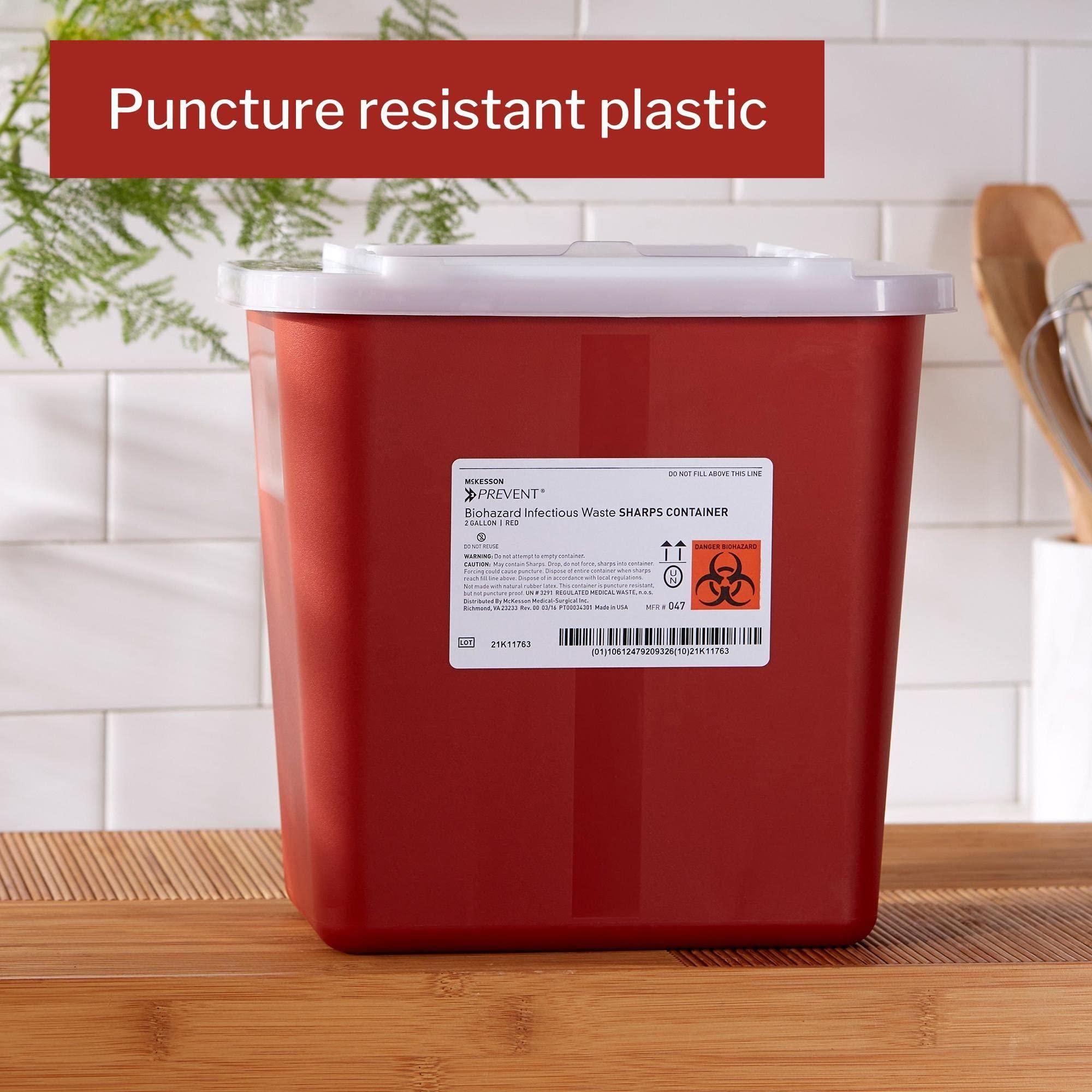 McKesson Prevent Biohazard Infectious Waste Sharps Container - Plastic, Horizontal Entry, Translucent Sliding Lid - Red, 2 gal, 7 in x 10 1/2 in x 10 1/4 in, 20 Count - Image 2
