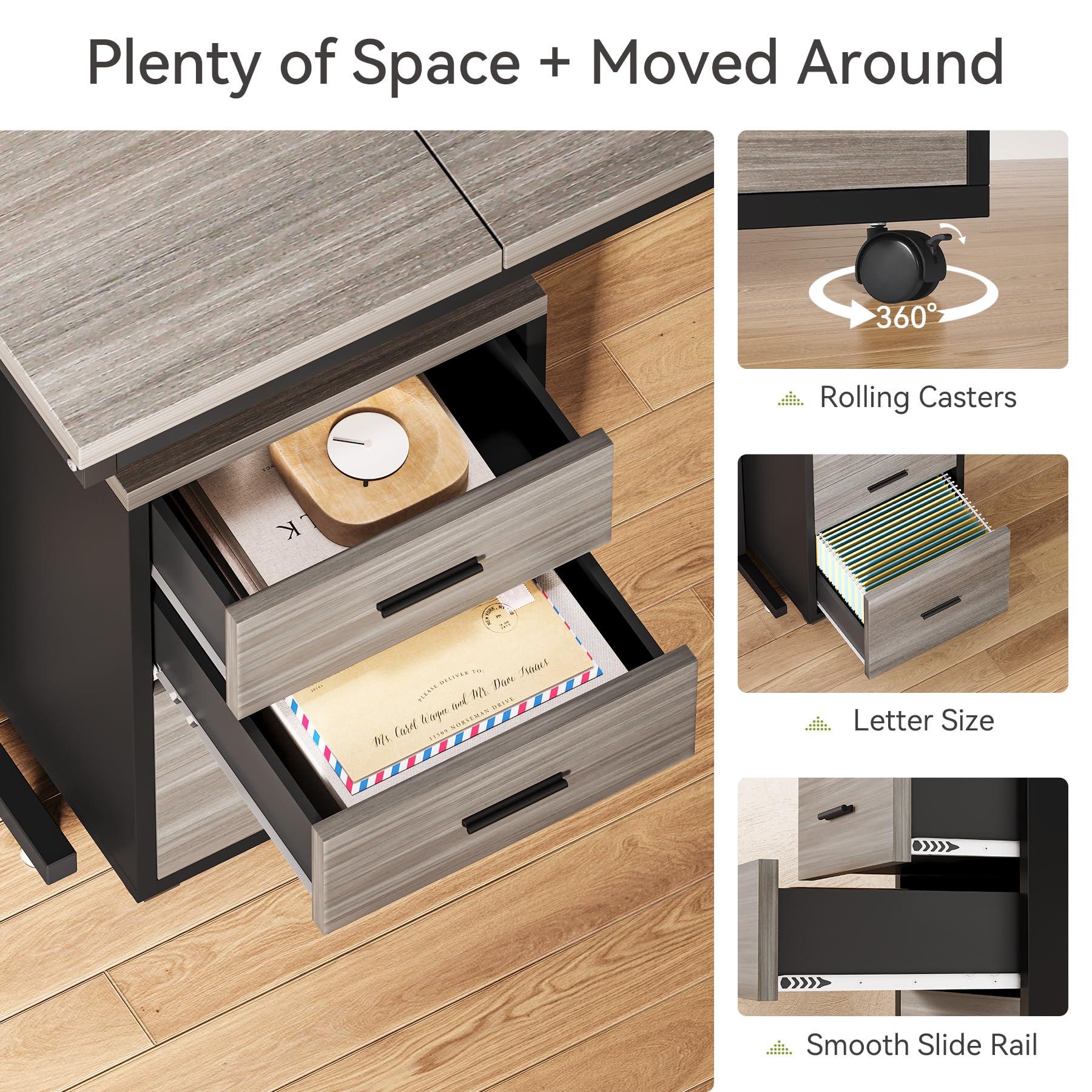 LITTLE TREE 82.67" Long Executive Desk with Drawers, Large L-Shaped Office Desk with Mobile File Cabinet, Farmhouse Computer Office Furniture Work Desk with Storage for Home Office, Gray - Image 6