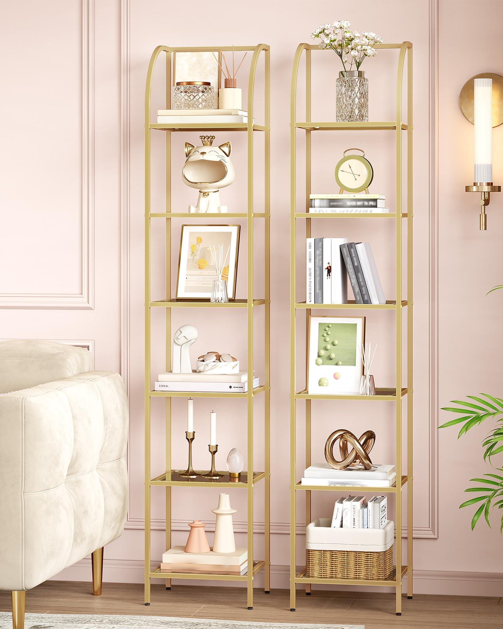 Hzuaneri Bookcase Bookshelf, Tempered Glass Arched Bookshelf for More Storage, Slim Shelving Unit for Bedroom, Bathroom, Home Office, Steel Frame, 6 Tier Gold BC20699G - Image 7