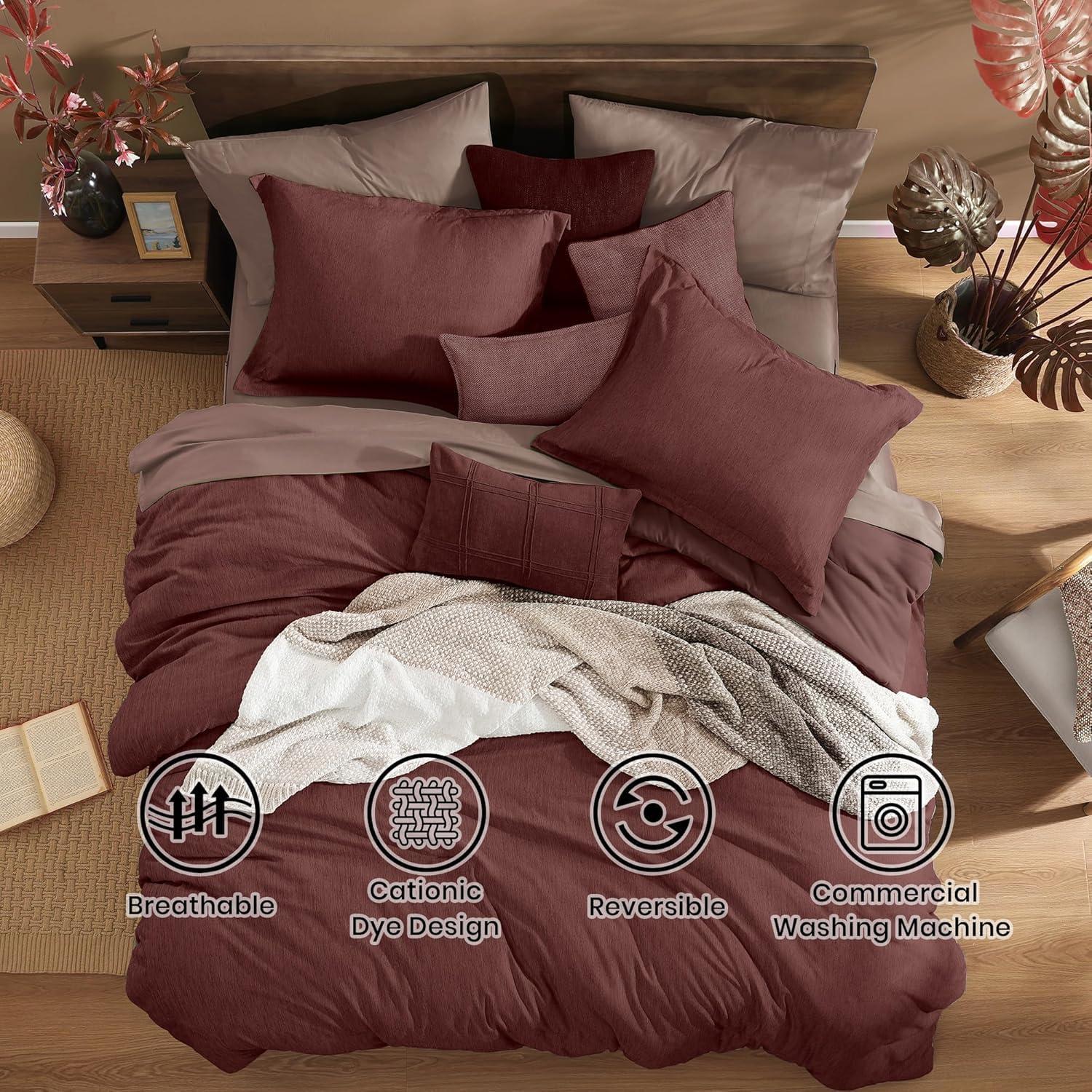 Monbix California King Comforter Set - 7 Pieces Cationic Dyeing Dark Red Bed in a Bag Cal King Bedding Sets with Comforter, Sheets, Pillowcases & Shams, Reversible Bedding Comforters Sets (108 * 92) - Image 2