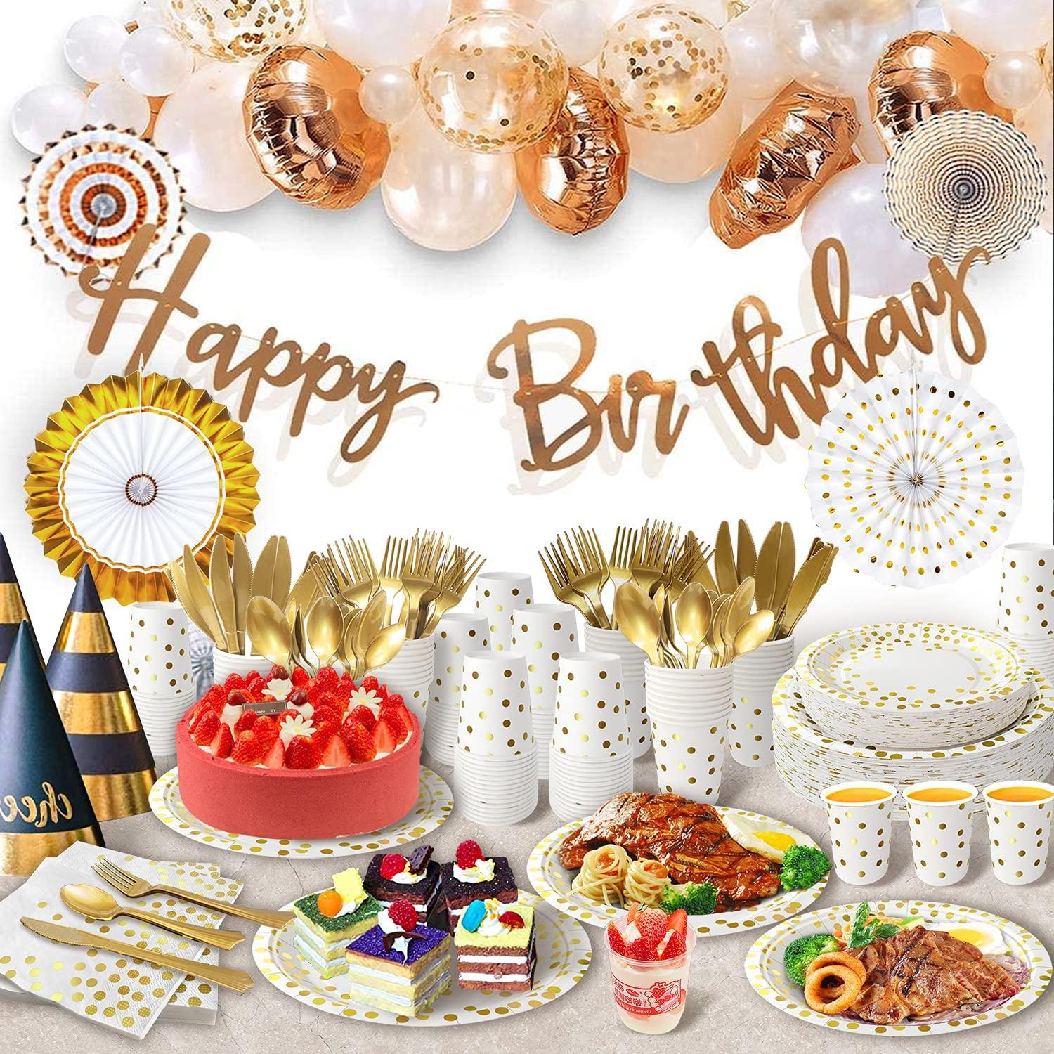 175PCS White and Gold Party Supplies, Severs 25 Disposable Party Dinnerware, Gold Plastic Forks Knives Spoons and Golden Dot Paper Plates, White Napkins Cups for Graduation, Birthday, Wedding - Image 6