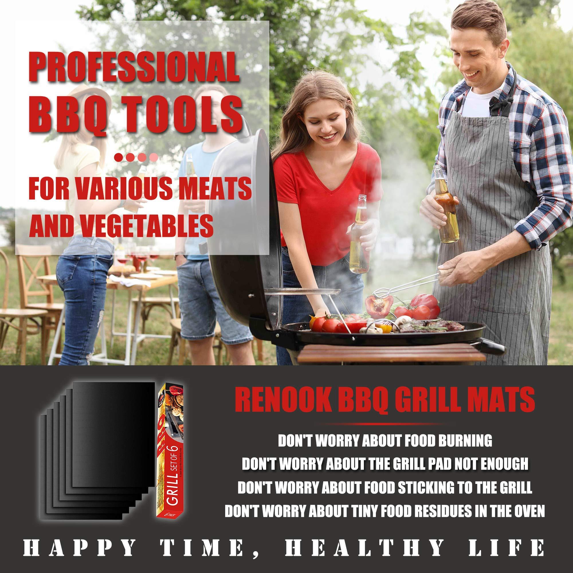 RENOOK Grill Mat Set of 6-100% Non-Stick Reusable Mats for Gas, Charcoal or Electric Grills - Easy to Clean - 15.75 x 13-Inch, Black - Image 3