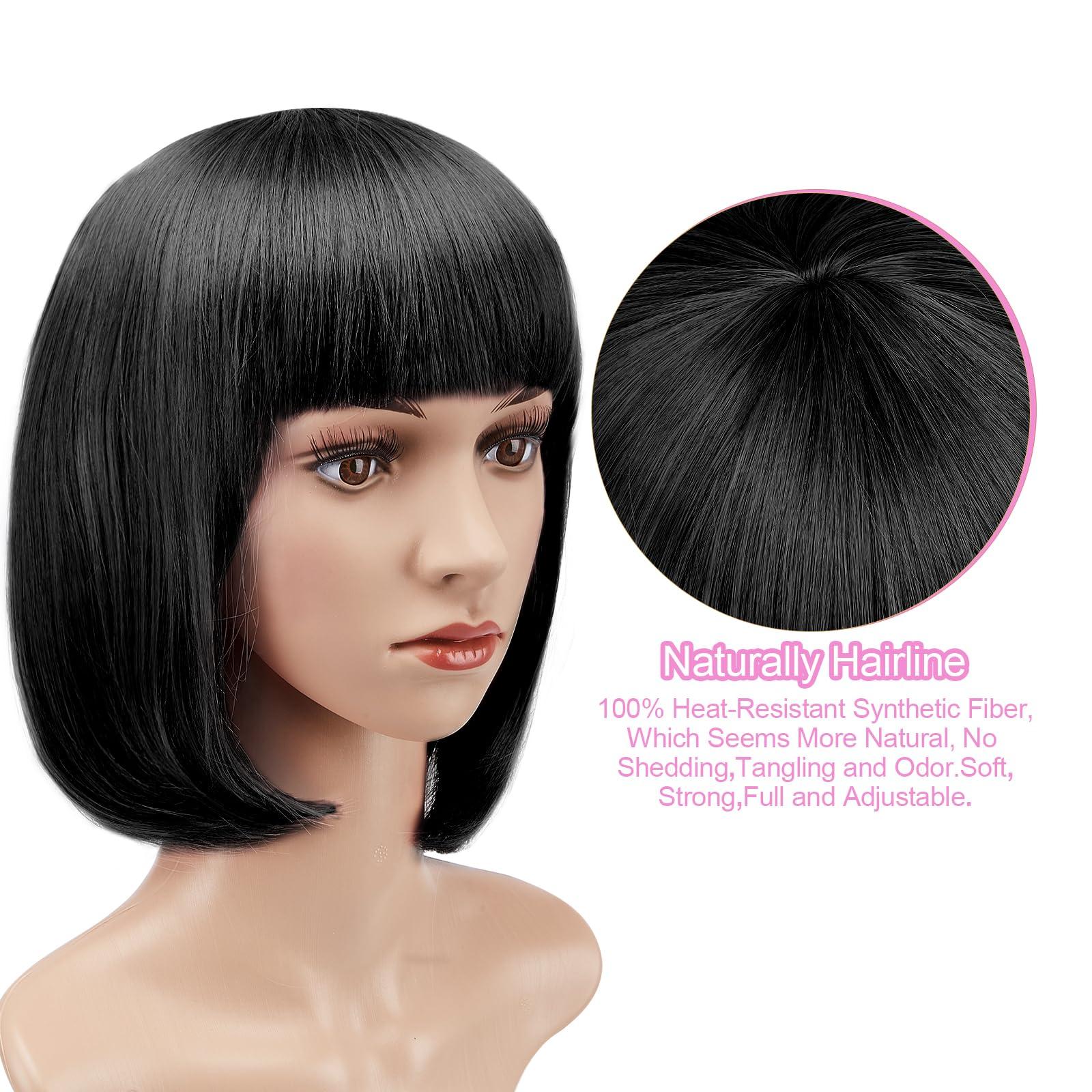AGPTEK 13 Inches Straight Heat Resistant Short Bob Hair Wigs with Flat Bangs for Women Cosplay Daily Party - Black - Image 5