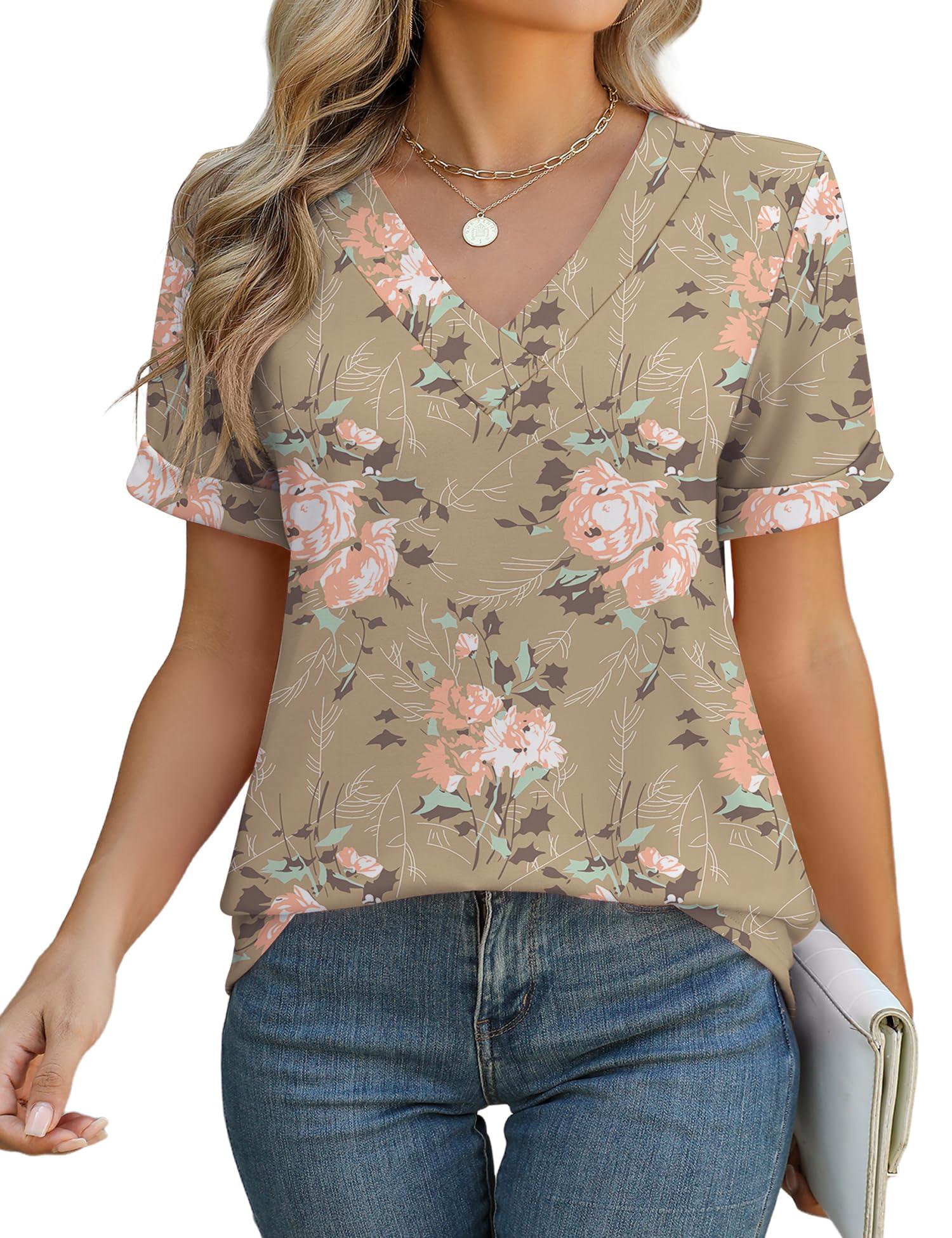 Rapbin T Shirts for Women Short Sleeve V Neck Tshirts Loose Fit Lightweight Soft Casual Summer Spring Tee Tops