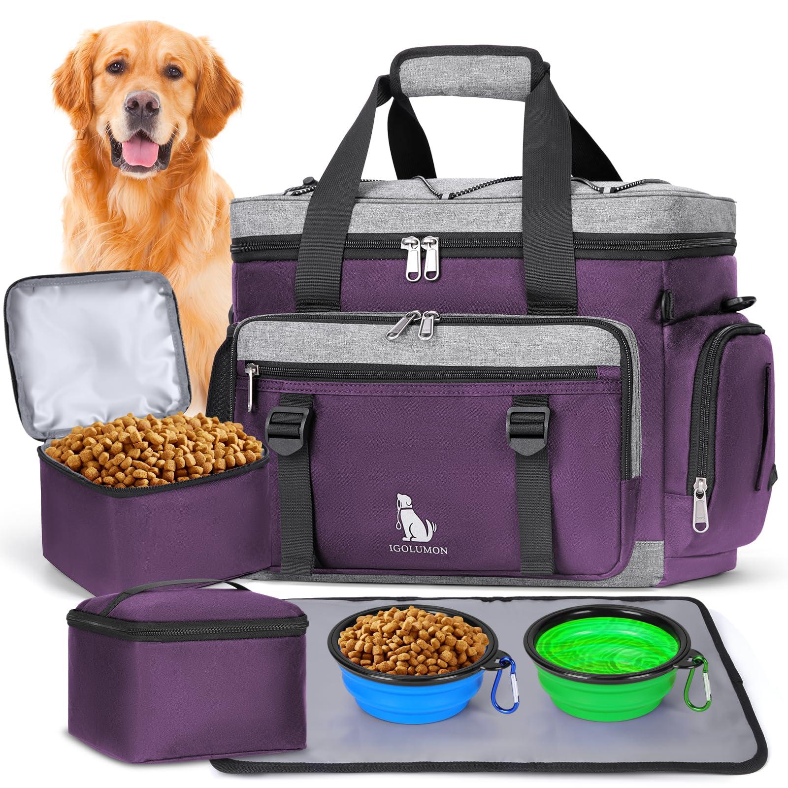 IGOLUMON Dog Travel Bag Large Pet Travel Bags Set for Supplies Weekend Dog Travel Kit Tote Organizer Multi-Pockets Dog Food Travel Bag with 2 Large Food Containers, 2 Dog Bowls, 1 Feeding Mat, Purple