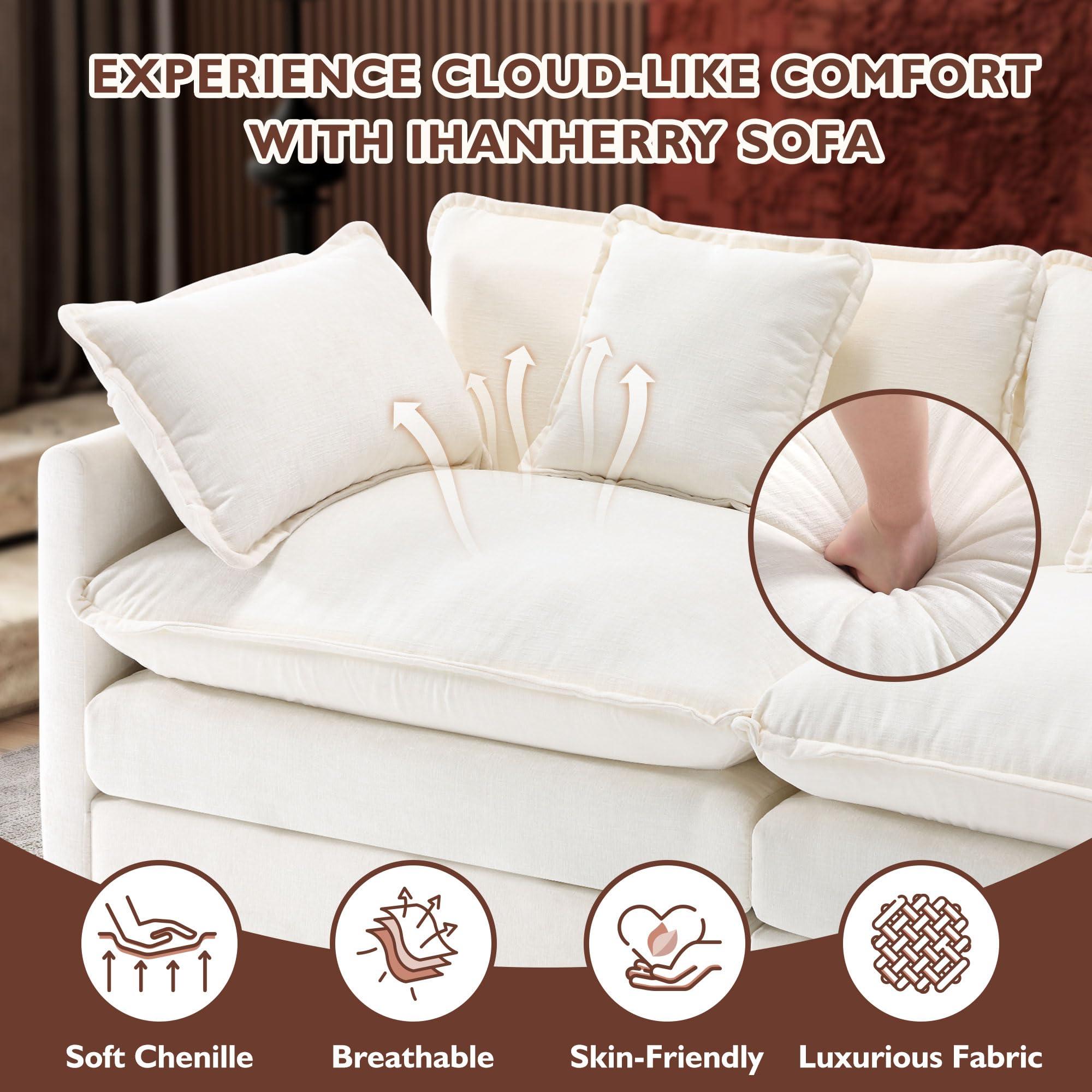 Ihanherry 146" U-Shaped Modern Sofa Modular Sectional Cloud Couch with 2 Ottoman, 6-Seat Chenille Deep Seat Sofa with 6 Pillows for Living Room, Bedroom and Apartment, Beige - Image 4
