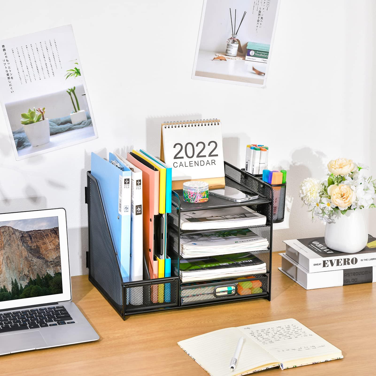 Marbrasse Desk Organizer with File Holder, 5-Tier Paper Letter Tray Organizer with Drawer and 2 Pen Holder, Mesh Desktop Organizer and Storage with Magazine Holder for Office Supplies(Black) - Image 2