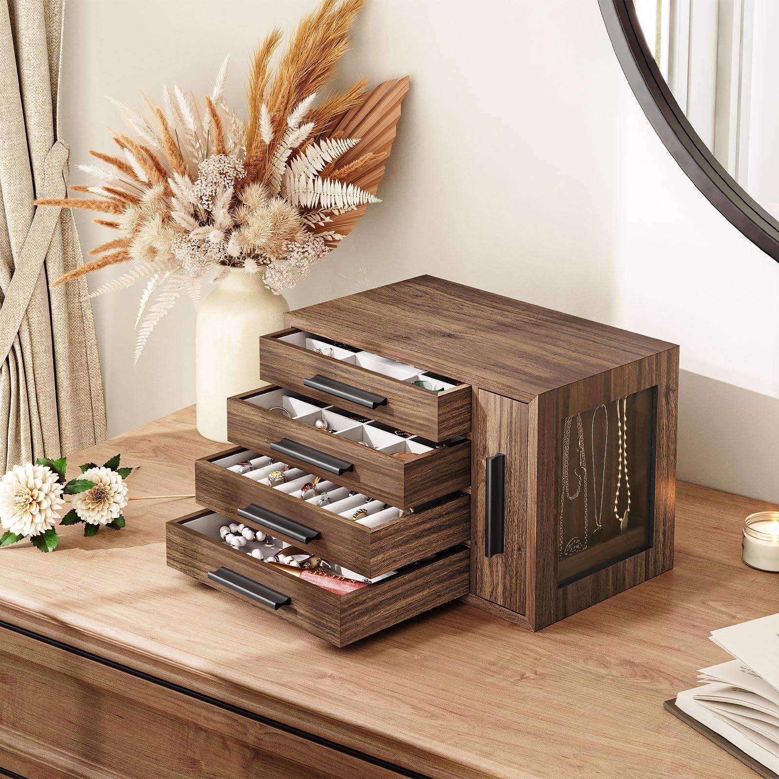 HOOBRO Jewelry Box for Women, Wooden Jewelry Organizer with Transparent Window, 4-Layer Jewelry Organizer Box, Jewelry Holder Organizer for Earrings, Necklaces, Rings, Walnut and Black BH09JB04 - Image 2