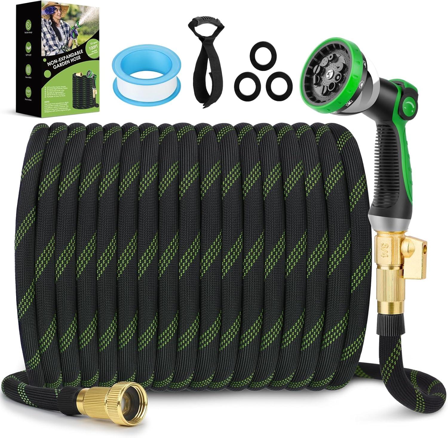 FlexiSolve Non-Expandable Garden Hose 100 ft, Ultra Lightweight & Flexible Water Hose With 10-Pattern Spray Nozzle, Full Length Leak-Proof Design, High-Density Fabric & Shut-Off Valve, Hose Straps