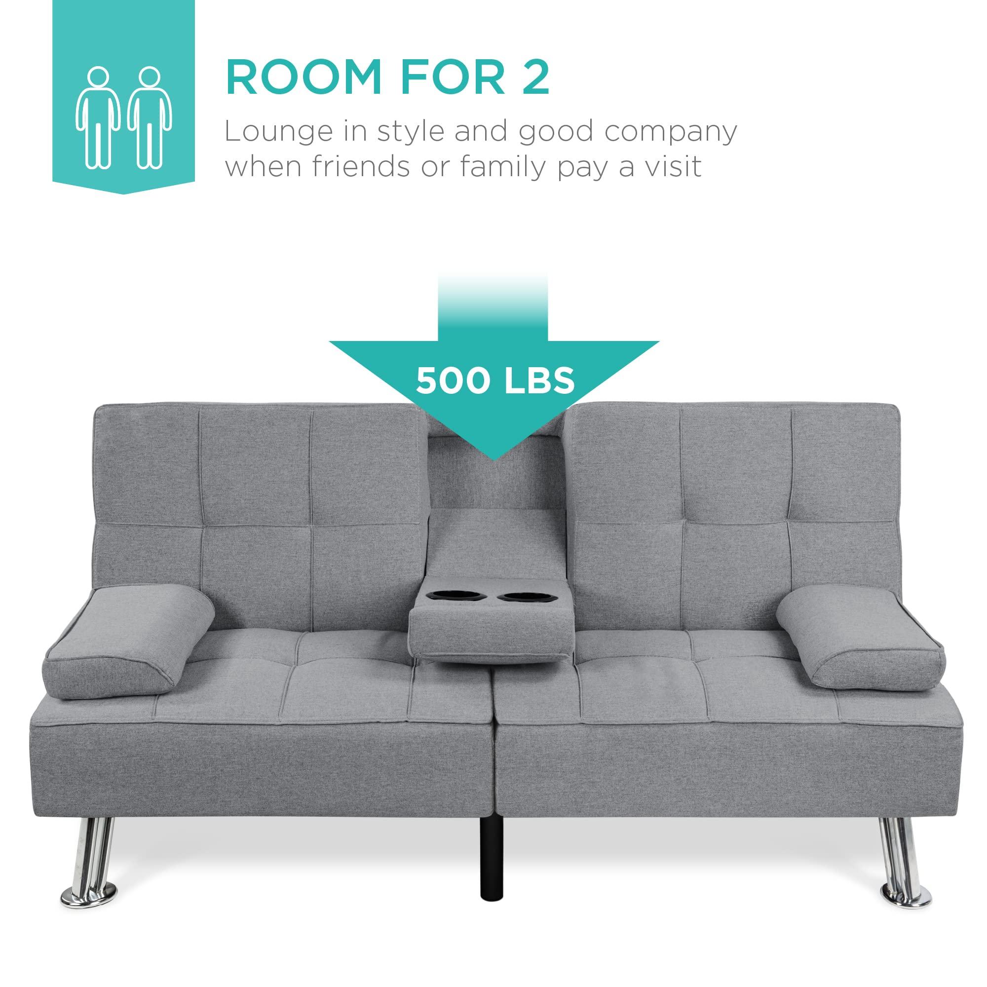 Best Choice Products Linen Modern Folding Futon, Reclining Sofa Bed for Apartment, Dorm w/Removable Armrests, 2 Cupholders - Gray - Image 5
