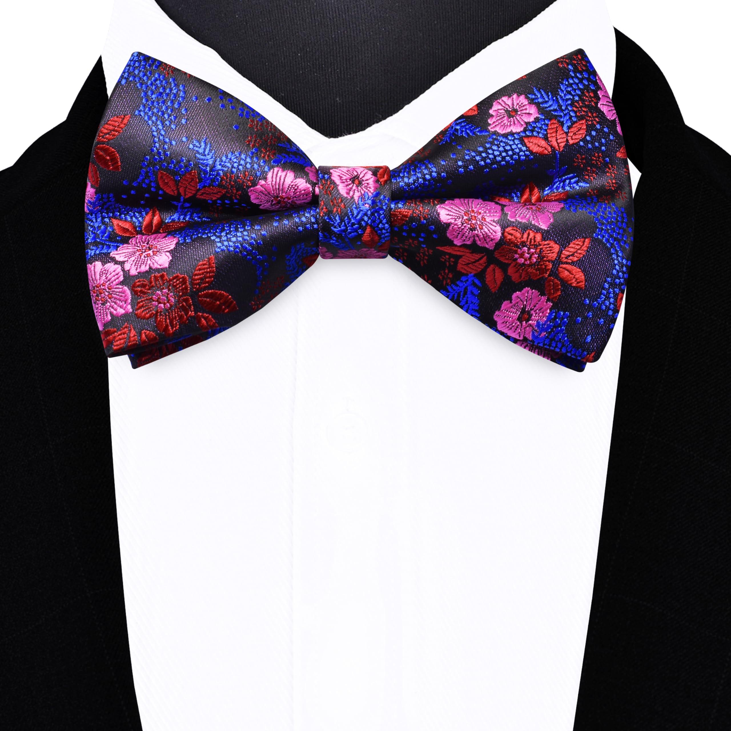 GUSLESON Mens Floral Bow Tie Handkerchief Jacquard Woven Adjustable Pre-Tied Bowties Pocket Square Cufflinks Set - Image 2