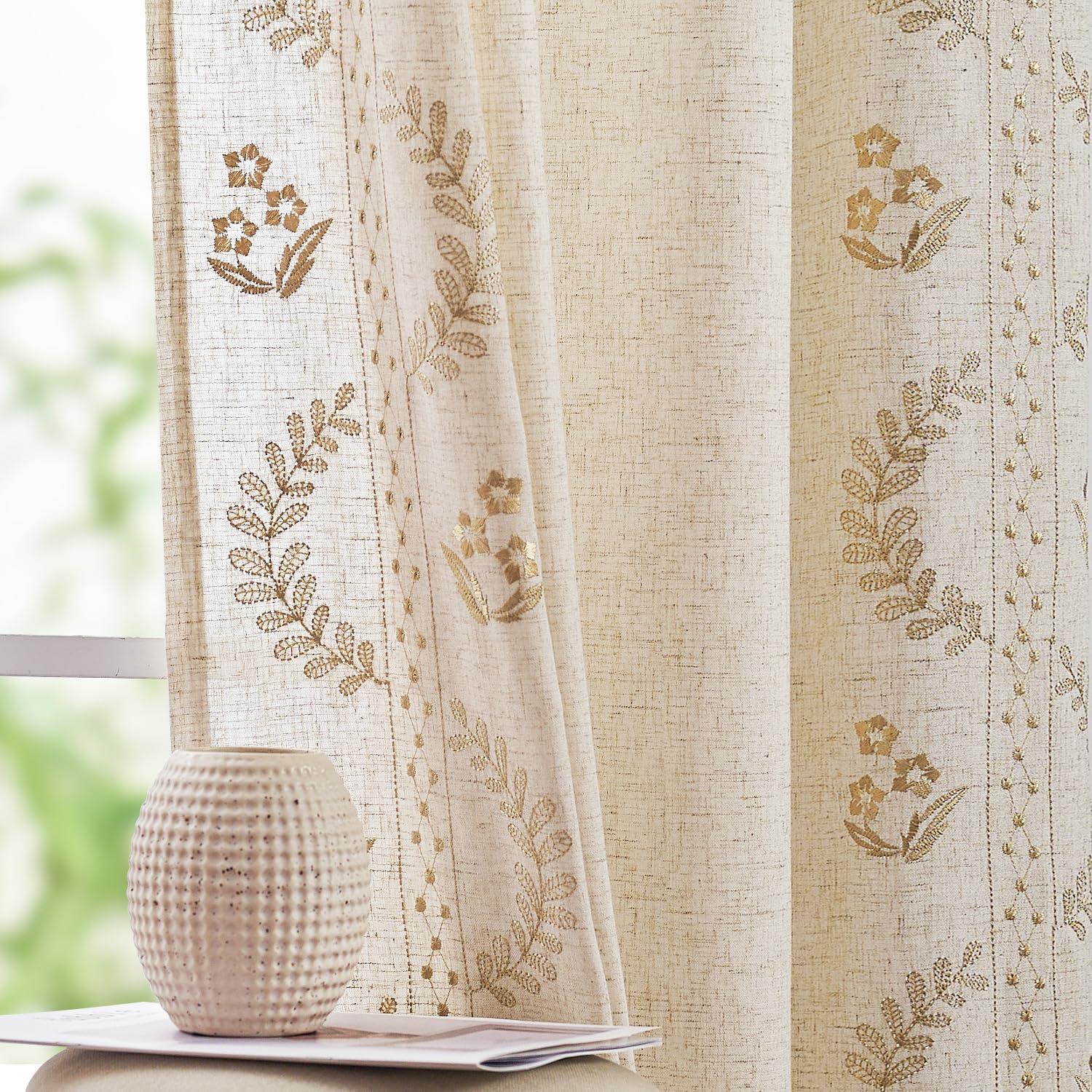jinchan Linen Curtains for Bedroom Floral Curtains 84 Inch Length Linen Blend Beige Embroidered Drapes Farmhouse Flower Patterned Drapes for Living Room Window Treatments Set 2 Panels - Image 1