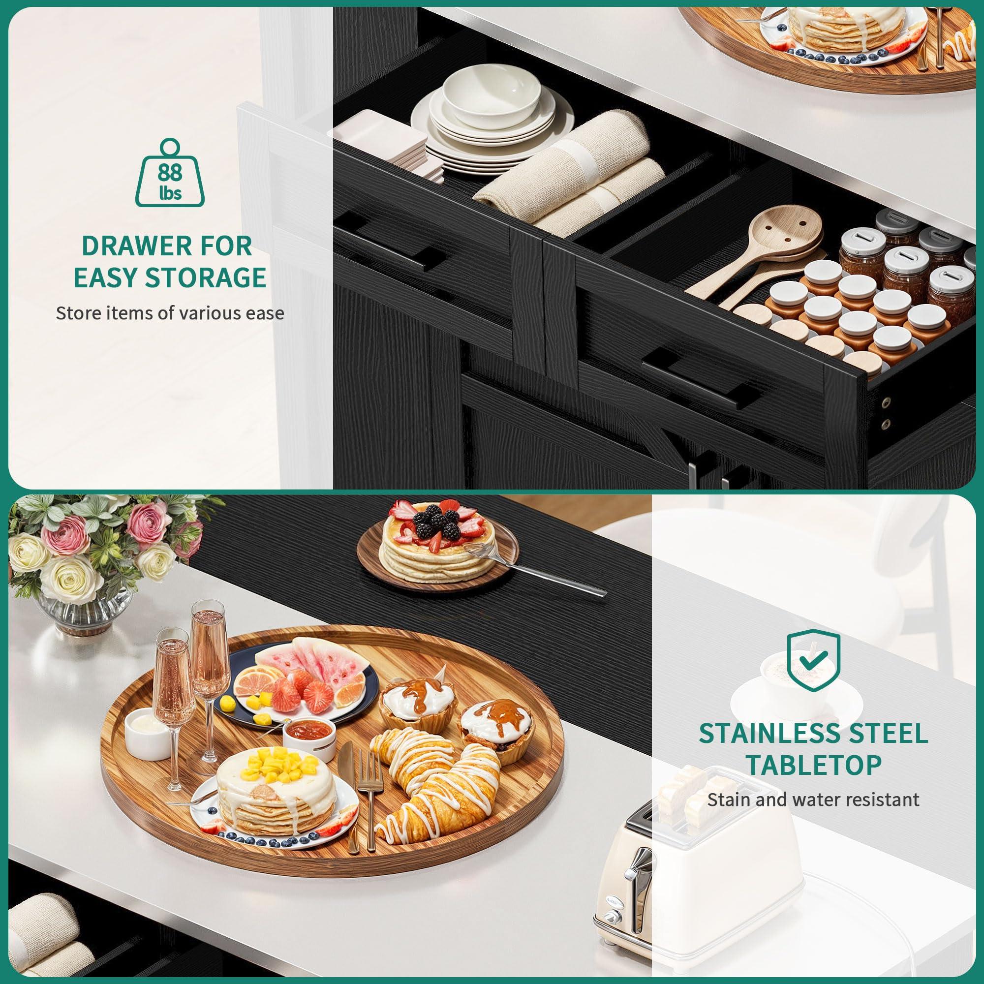 YITAHOME Kitchen Island with Drop Leaf, 47 Inch Mobile Stroage Islands with Stainless Steel Top, Rolling Island Table with Power Outlet, Adjustable Shelves, Spice Rack, Towel Rack for Kitchen, Black - Image 6