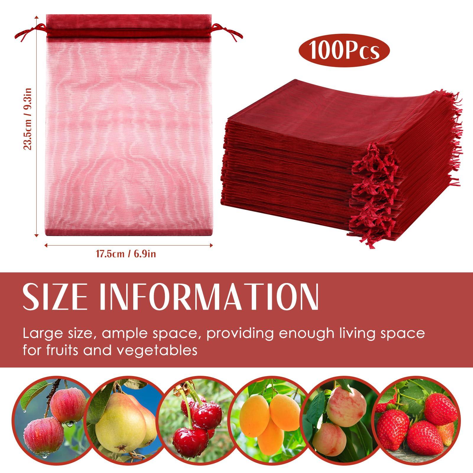 Fruit Protection Bags, 100PCS 6.7x9in Wine Red Fruit Bags for Fruit Trees, Fruit Netting Cover Bags Barrier, Fine Mesh Drawstring Bag Protectors for Fruits & Vegetables Garden Apple - Image 2
