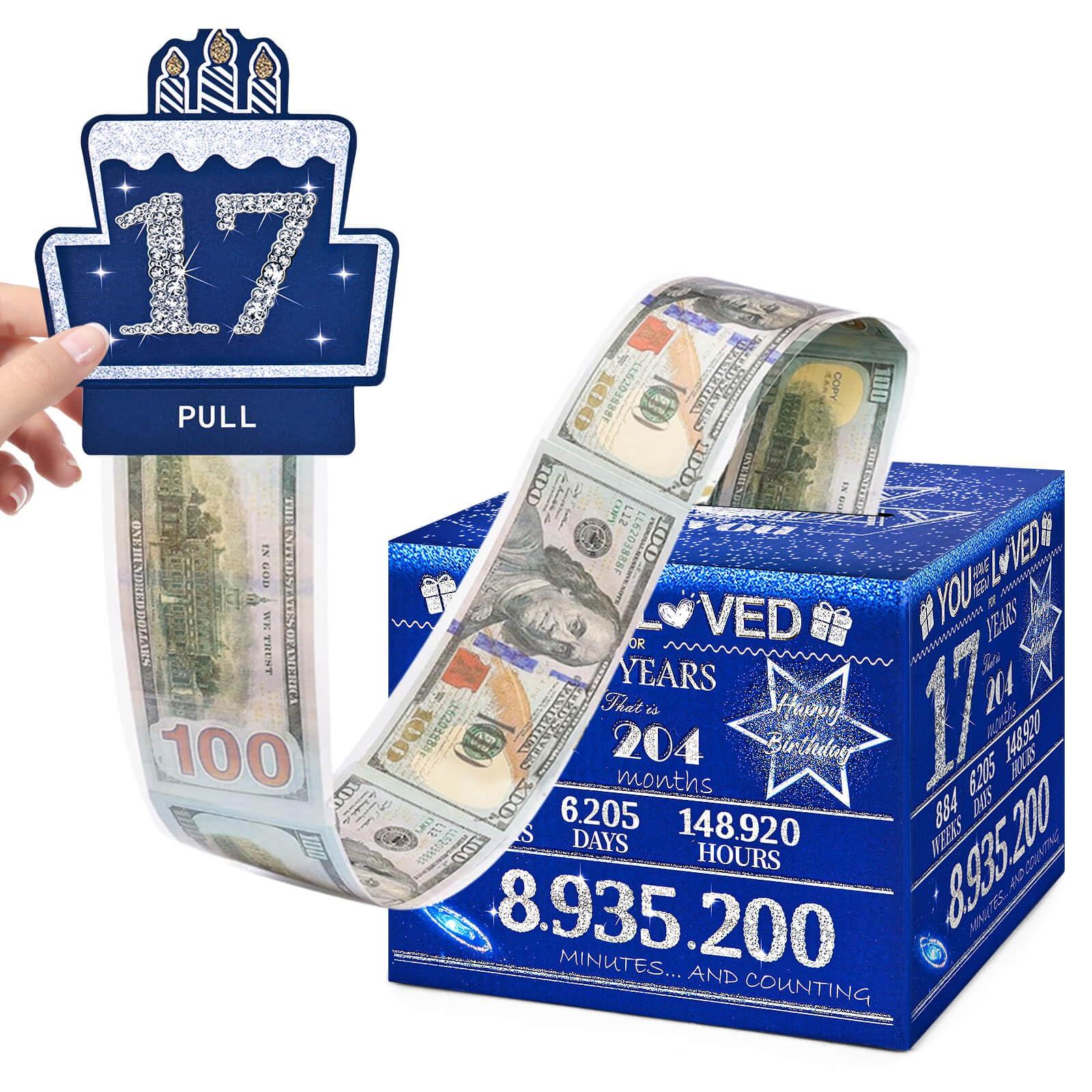 TOYEISHI 17 Happy Birthday Money Box for Cash Gift, 17th Birthday Decorations for Boys and Girls, Gifts for 17 Year Old Boy, Boy Gift Ideas, Cool Things for Teen -Blue with 100PCS Bags