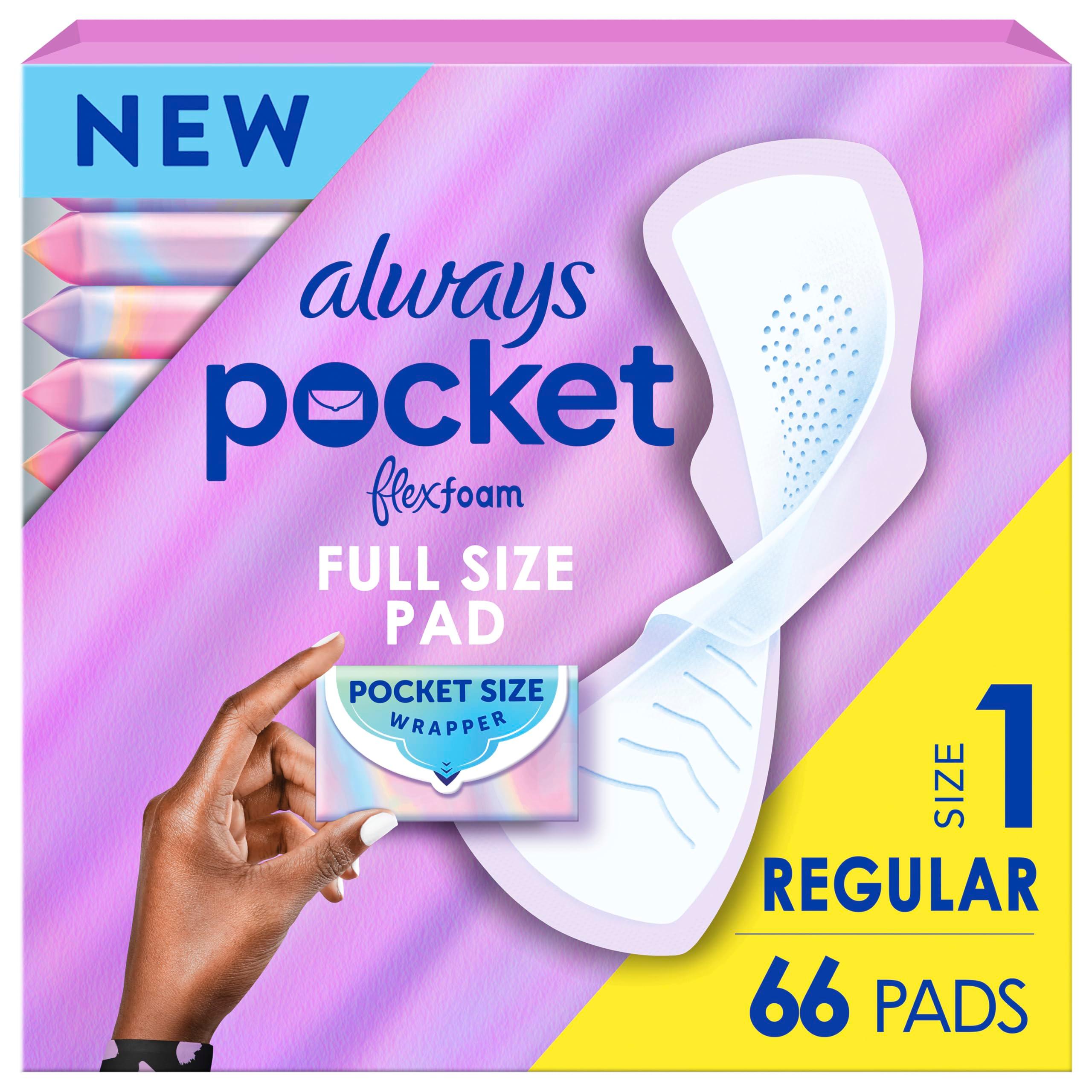Always Pocket Feminine Pads for Women with FlexFoam, Size 1, Regular, with Wings, Unscented, 66 Count