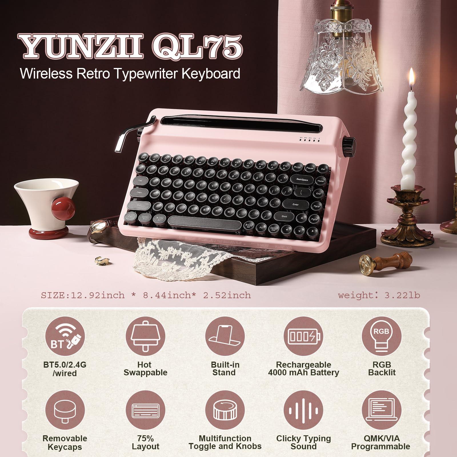 YUNZII QL75 Wireless Typewriter Hot Swap Retro Mechanical Keyboard,Punk Round Keycaps,RGB Backlit QMK/VIA Programmable,Multi-Device Keyboard with 2.4GHz/Type-C/BT5.0 (Pink, Cocoa Cream V2 Switch) - Image 2
