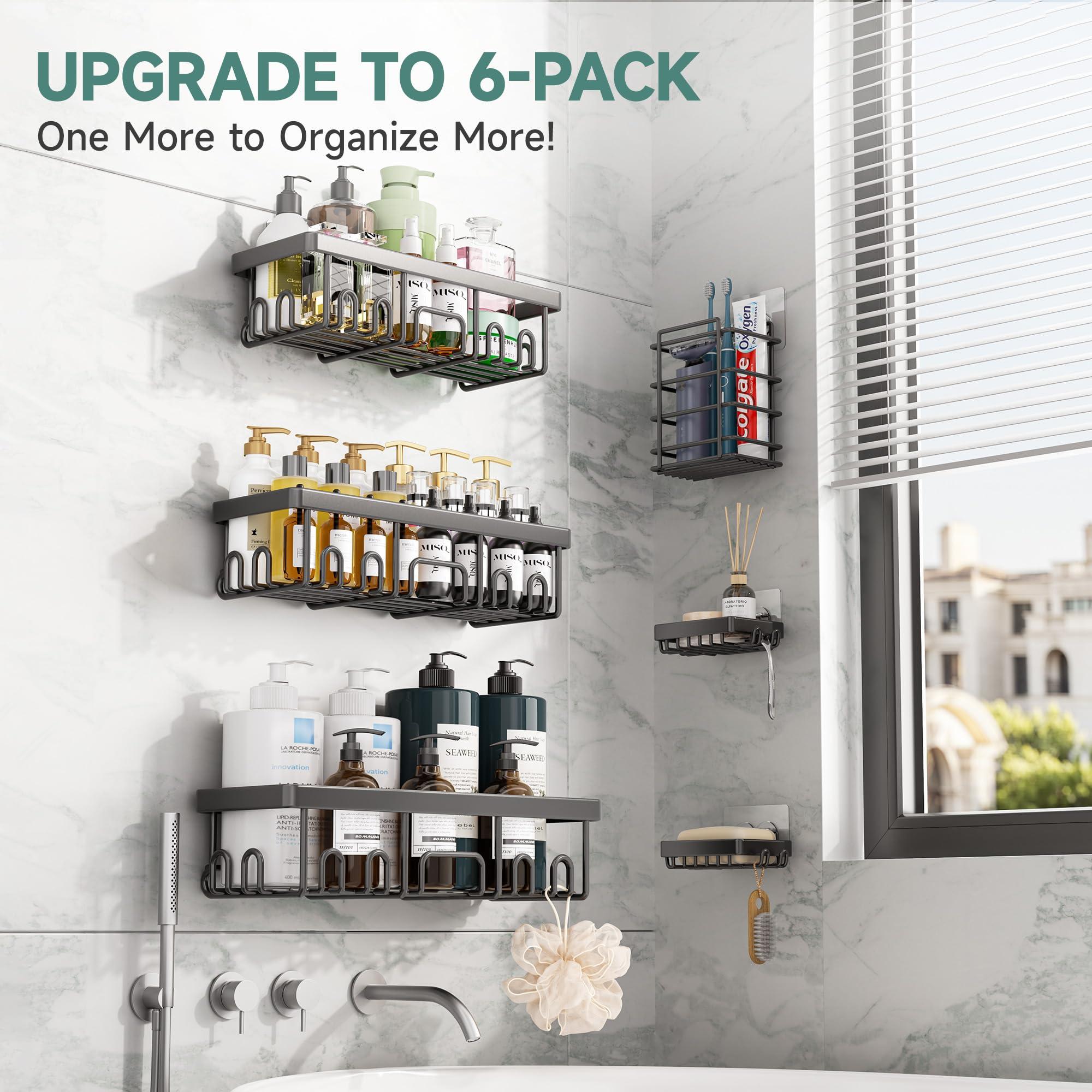 Veken Stainless Steel Shower Caddy 6-Pack, No Drilling & Rustproof, Waterproof Adhesive Shelves Rack with Soap Holder, Large Capacity Bathroom Organizers and Storage, Wall-Mounted Kitchen & Home Decor - Image 6