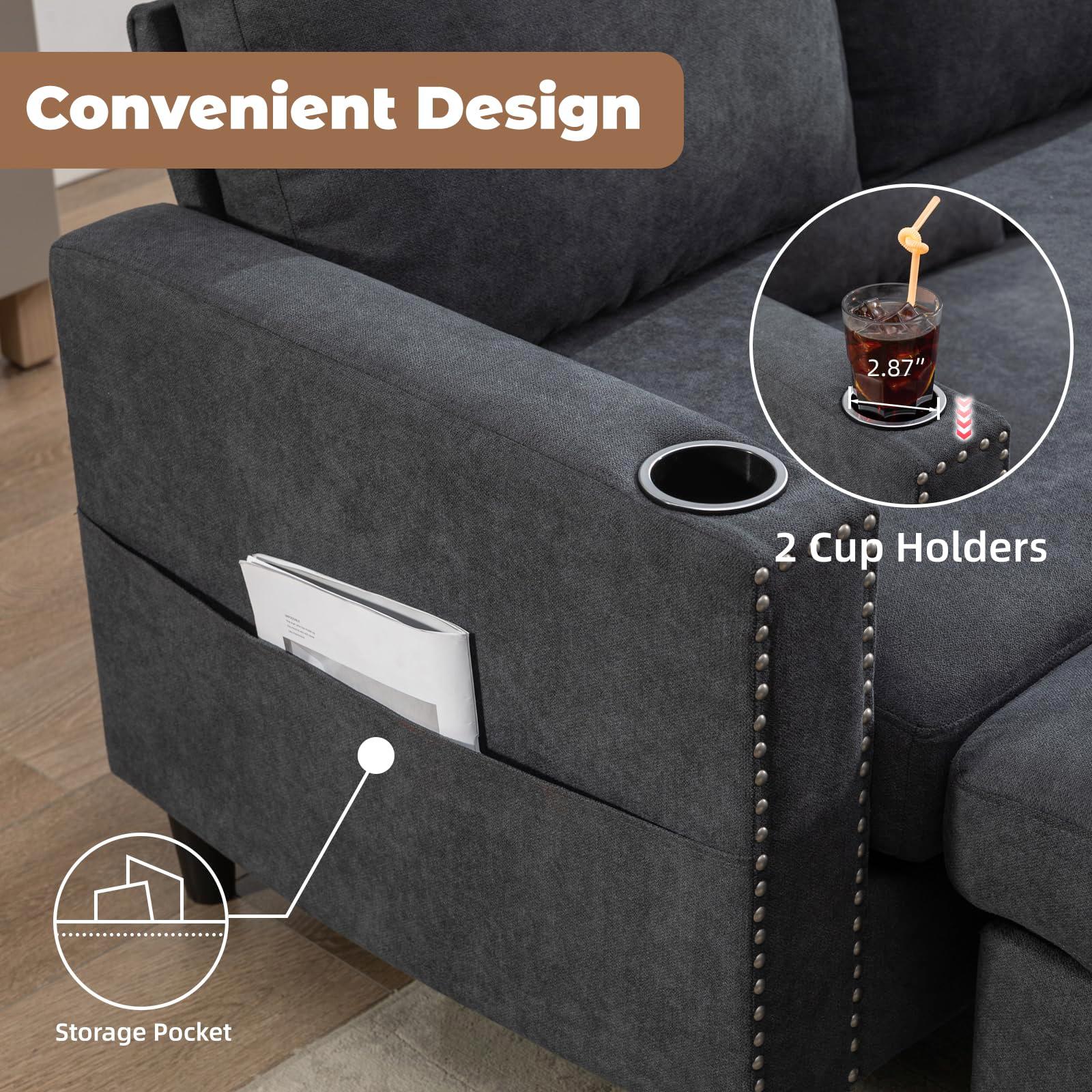 Siiejia Convertible Sectional Couches for Living Room, L-Shaped Couch 3 Seats Sofas with Storage Chaise & 2 Cup Holders, Small Sofa for Apartment, Compact Spaces, Dark Grey - Image 5