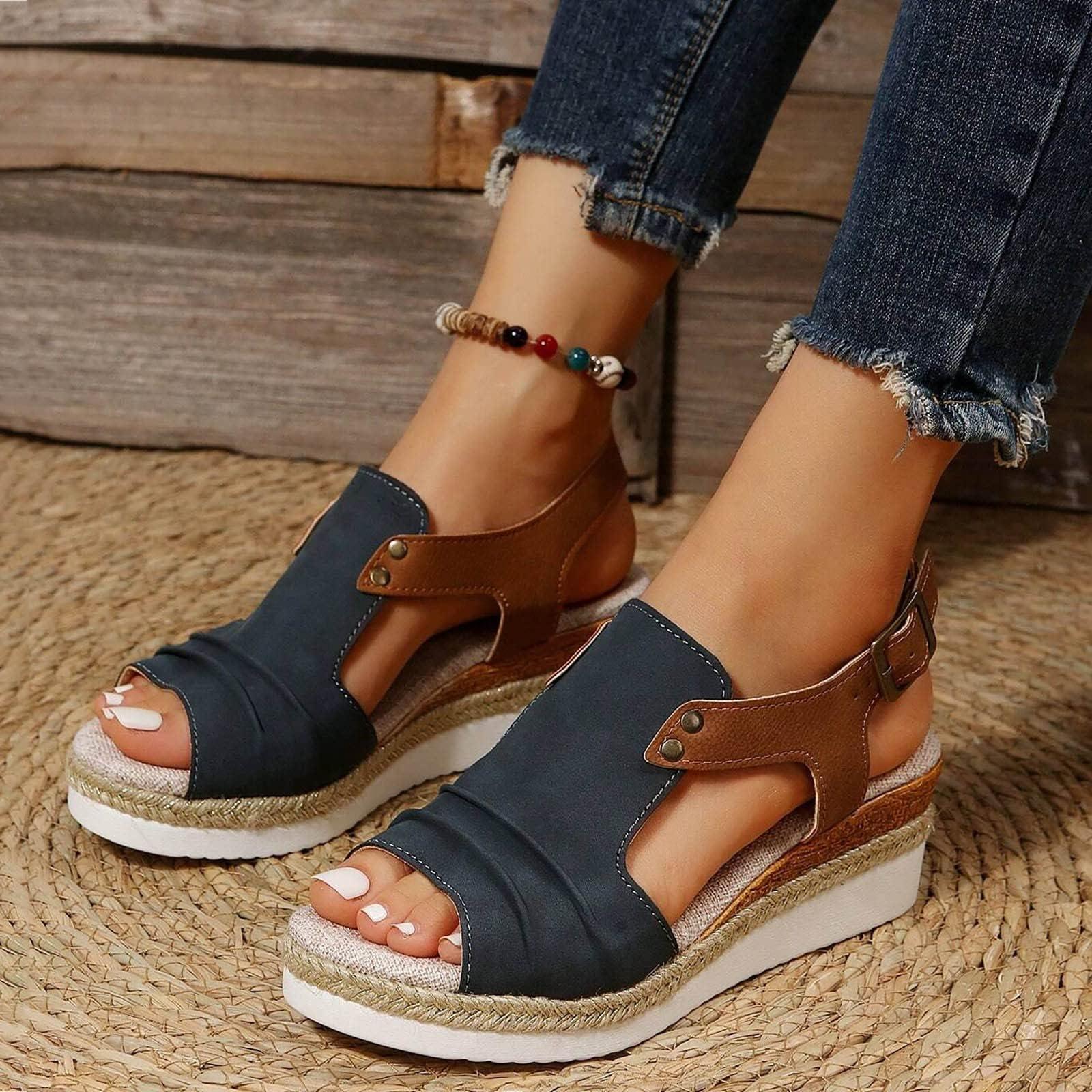 Navy Blue Sandals for Women 2025 Orthopedic Wedge Open Toe Shoes for Women Casual Summer Comfortable Boho Beach Slippers Comfortable Outdoor Shoes - Image 3
