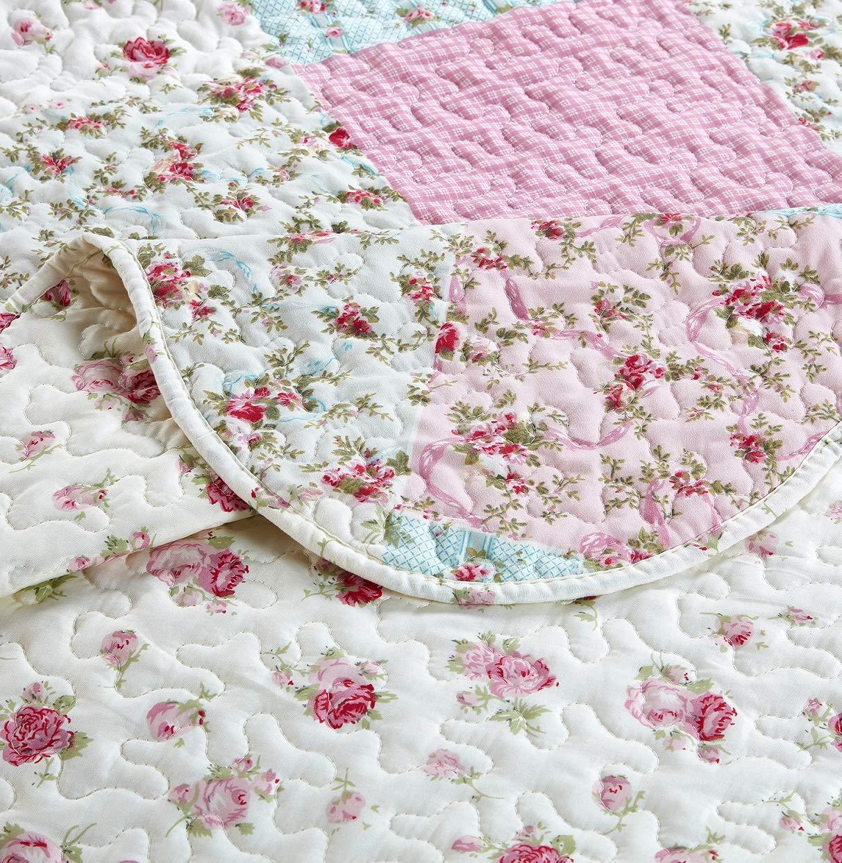 Brilliant Sunshine Roses Quilt Set, 2-Piece Bedding Sets with 1 Sham, Patchwork Design, Washable and Reversible Bedspread, Soft Lightweight Coverlet, All-Season, Twin/Twin XL, Pink Green - Image 5