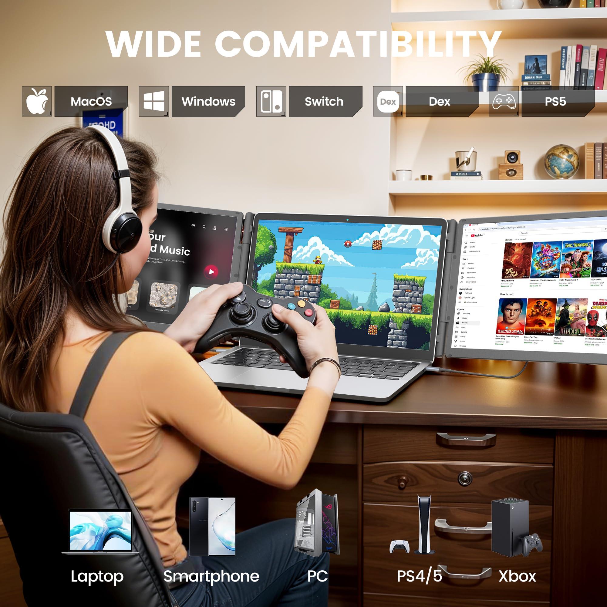 KEFEYA 15.6" Laptop Screen Extender, Includes Power Bank, FHD 1080P IPS Triple Laptop Monitor Extender for 13-17" Laptops, Plug & Play with HDMI/USB-A/TYPE-C/Hub, Compatible with Windows, Mac, Android - Image 7