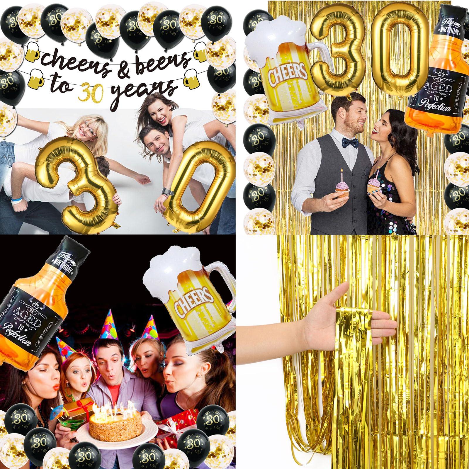 30th Birthday Decorations for Him, 30 Birthday Decorations with 40 Inch Gold 30 Number Balloons, Cheers to 30 Years Banner,Fringe Curtains and Cups Foil Balloons - Image 7