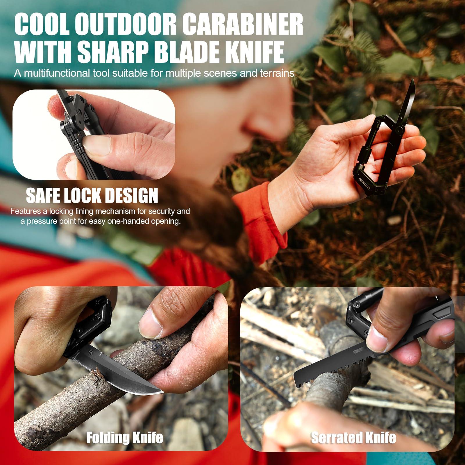 Carabiner Multitool 8-in-1 EDC Carabiners Pocket Knife, Serrated Knife, Rope Cutter, Screwdriver, Can Bottle Opener, Ruler, Survival Gear for Camping Climbing, Christmas Gifts for Men Women (Black) - Image 5