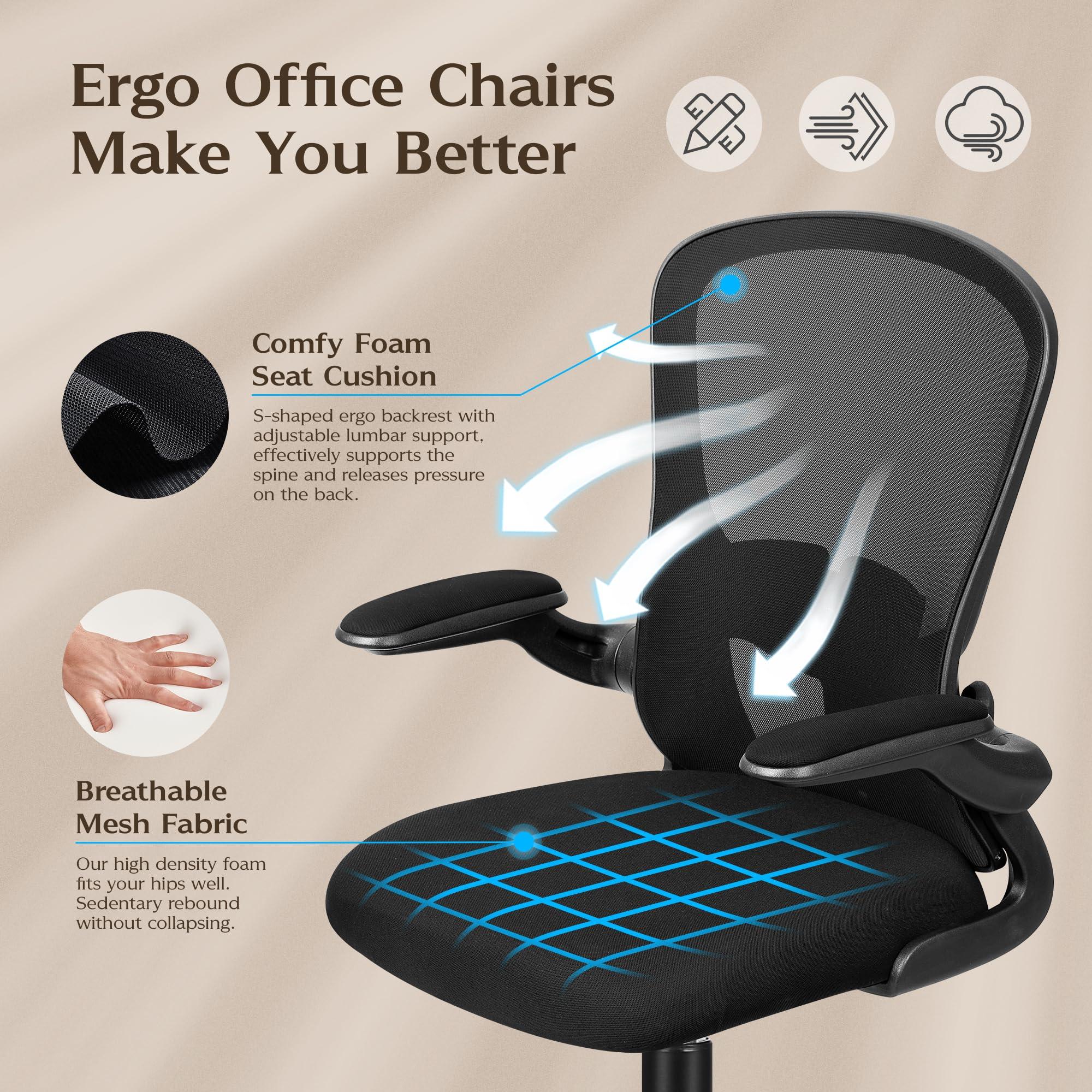 FelixKing Office Desk Chairs, Ergonomic PC Desk Chair with Wheels, Adjustable Lumbar Support and Height, Swivel Computer Chair with Flip-up Armrests, Ergo Mesh Backrest for Working (Black) - Image 5