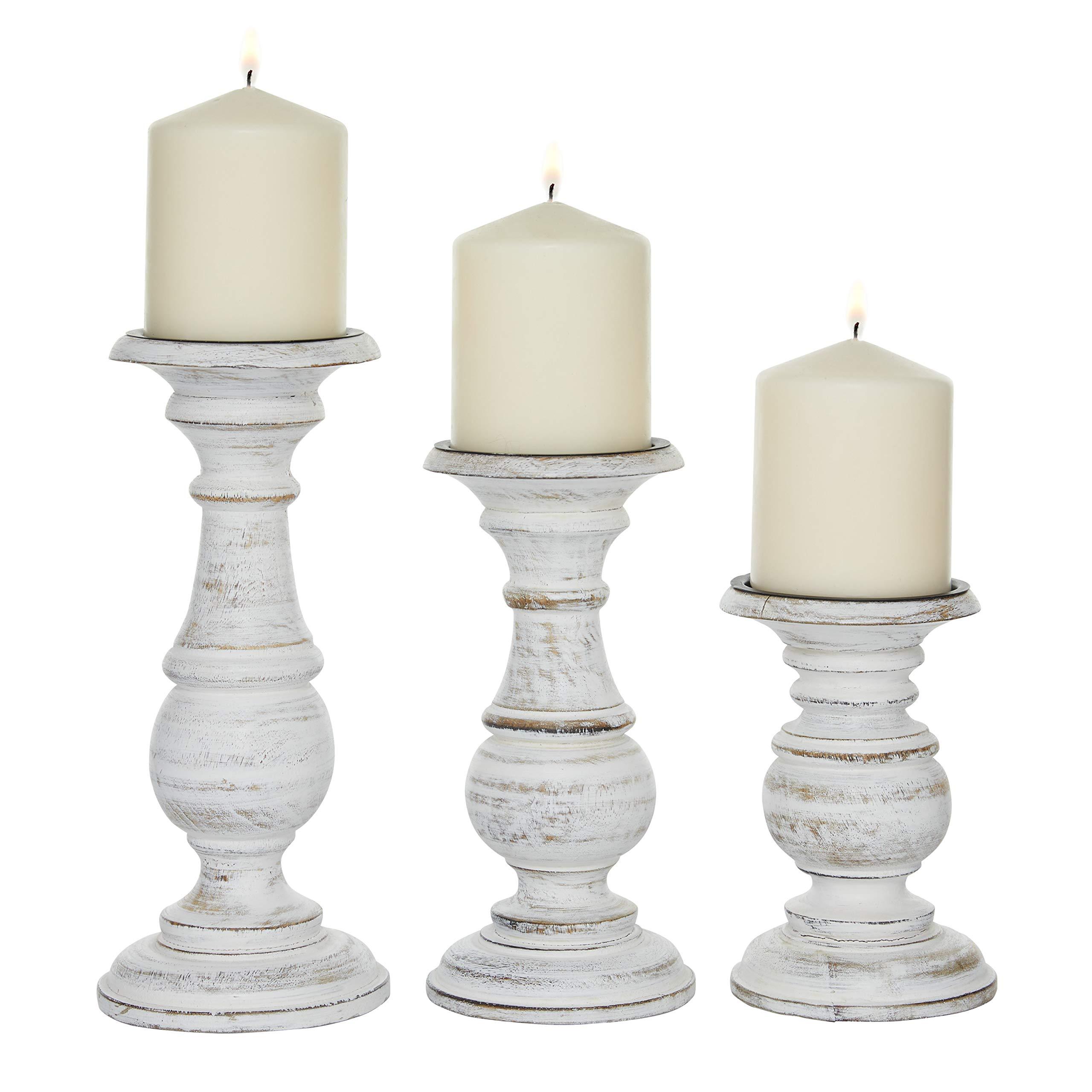 Deco 79 Mango Wood Decorative Candle Holder Turned Style Pillar Candle Stand, Set of 3 Candlestick Holder 10", 8", 6”H, White - Image 3