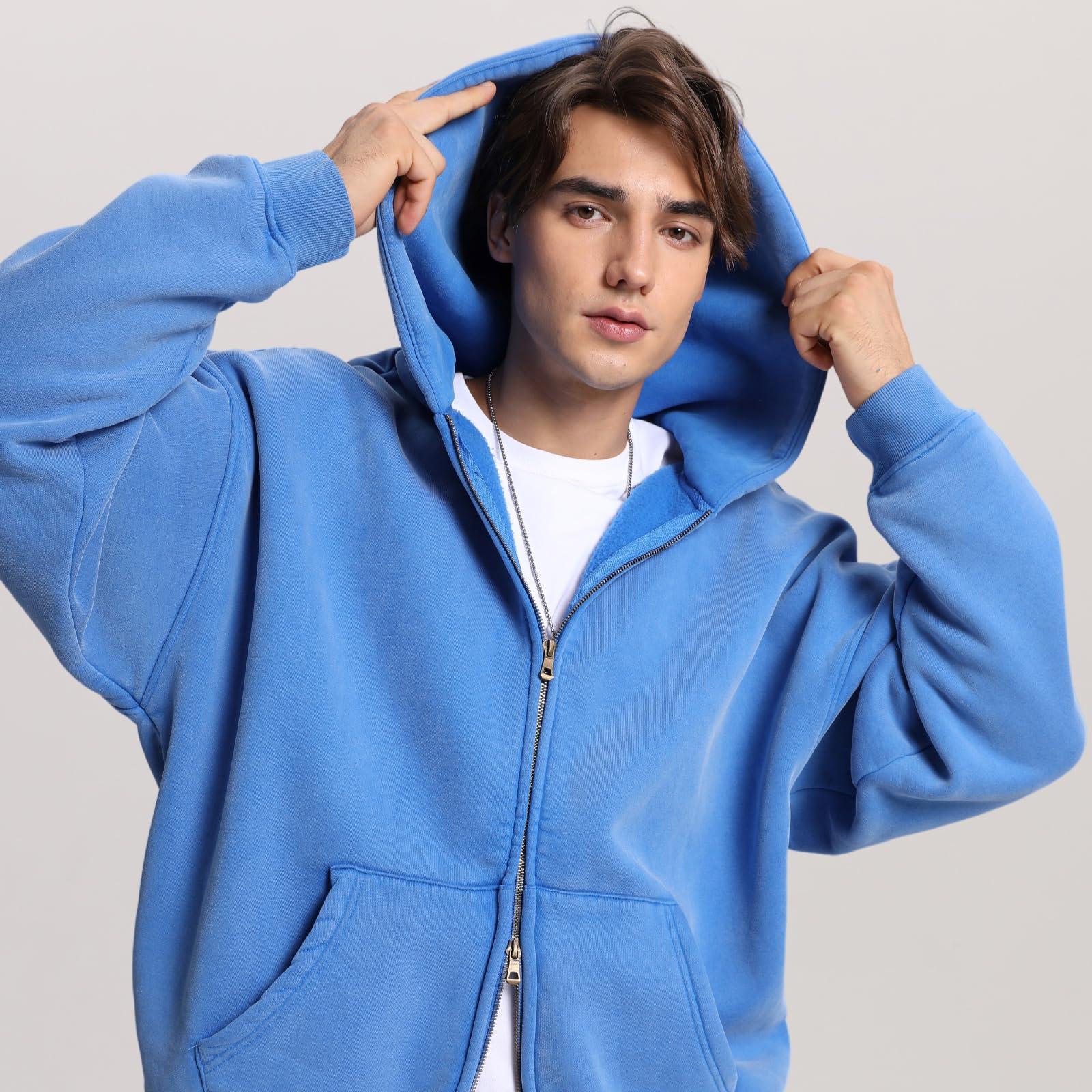FAIABLE Mens Womens Double Zip Up Hoodie Oversized Acid Wash Heavyweight Fleece Cotton Zipper Hoodie Vintage - Image 3