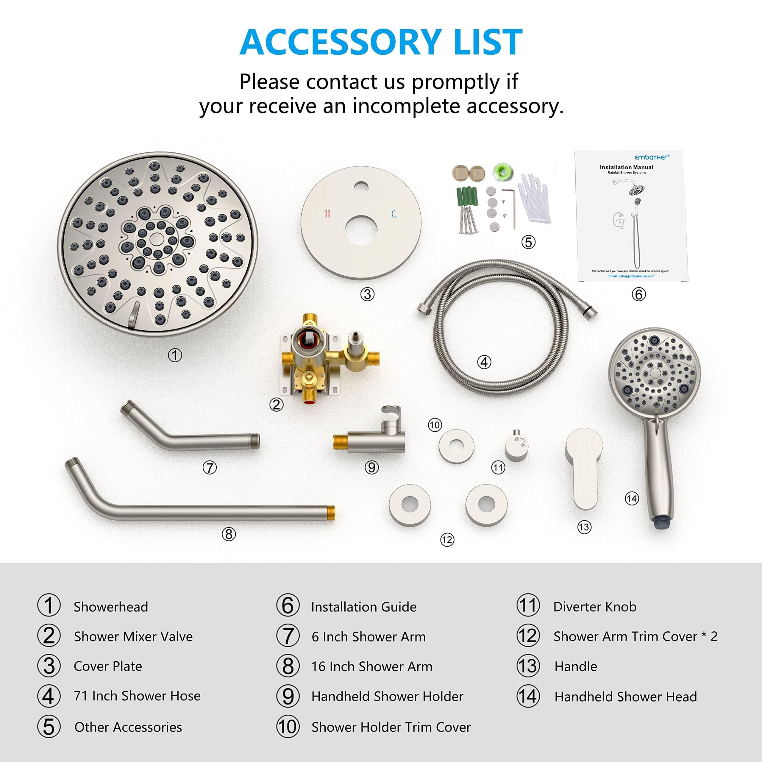 EMBATHER Shower Faucets Sets Complete, with 3 Setting High Pressure Shower Head Combo, Bathroom Wall Mounted Rainfall Shower System Fixtures with 8-Mode Handheld Spray, Brushed Nickel - Image 8