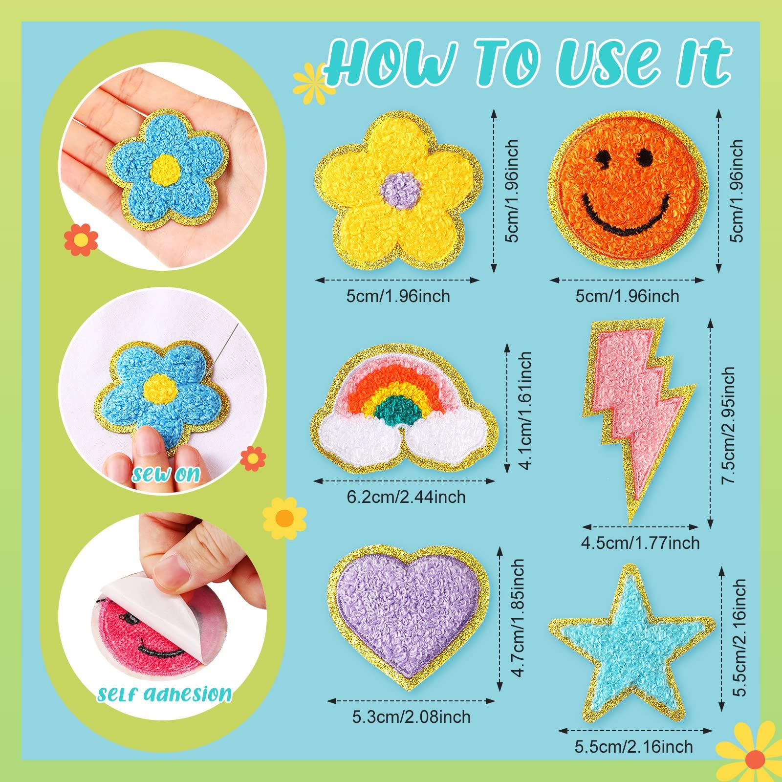 Yilloog 50 Pcs Self Adhesive Chenille Patches Paw Print Smile Face Heart Patch Preppy Sticker Chenille Rainbow Sew on Sticker for Jackets Jeans(Colorful Style,Rainbow Color) - Image 2