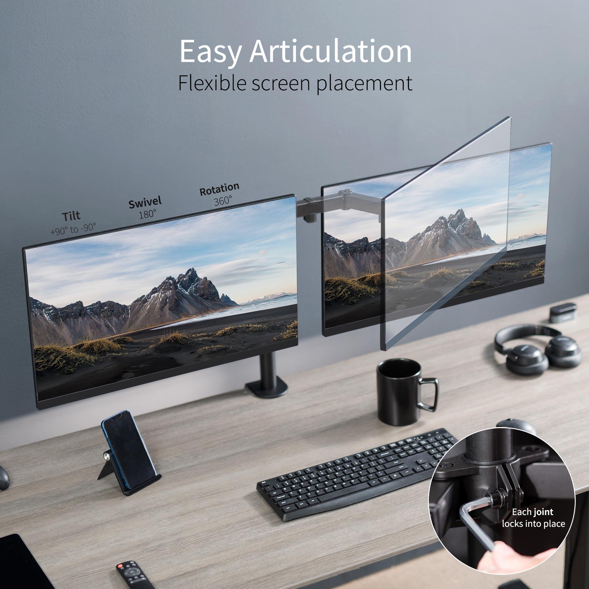 VIVO Dual Monitor Desk Mount, Heavy Duty Fully Adjustable Steel Stand, Holds 2 Computer Screens up to 30 inches and Max 22lbs Each, Black, STAND-V002 - Image 3