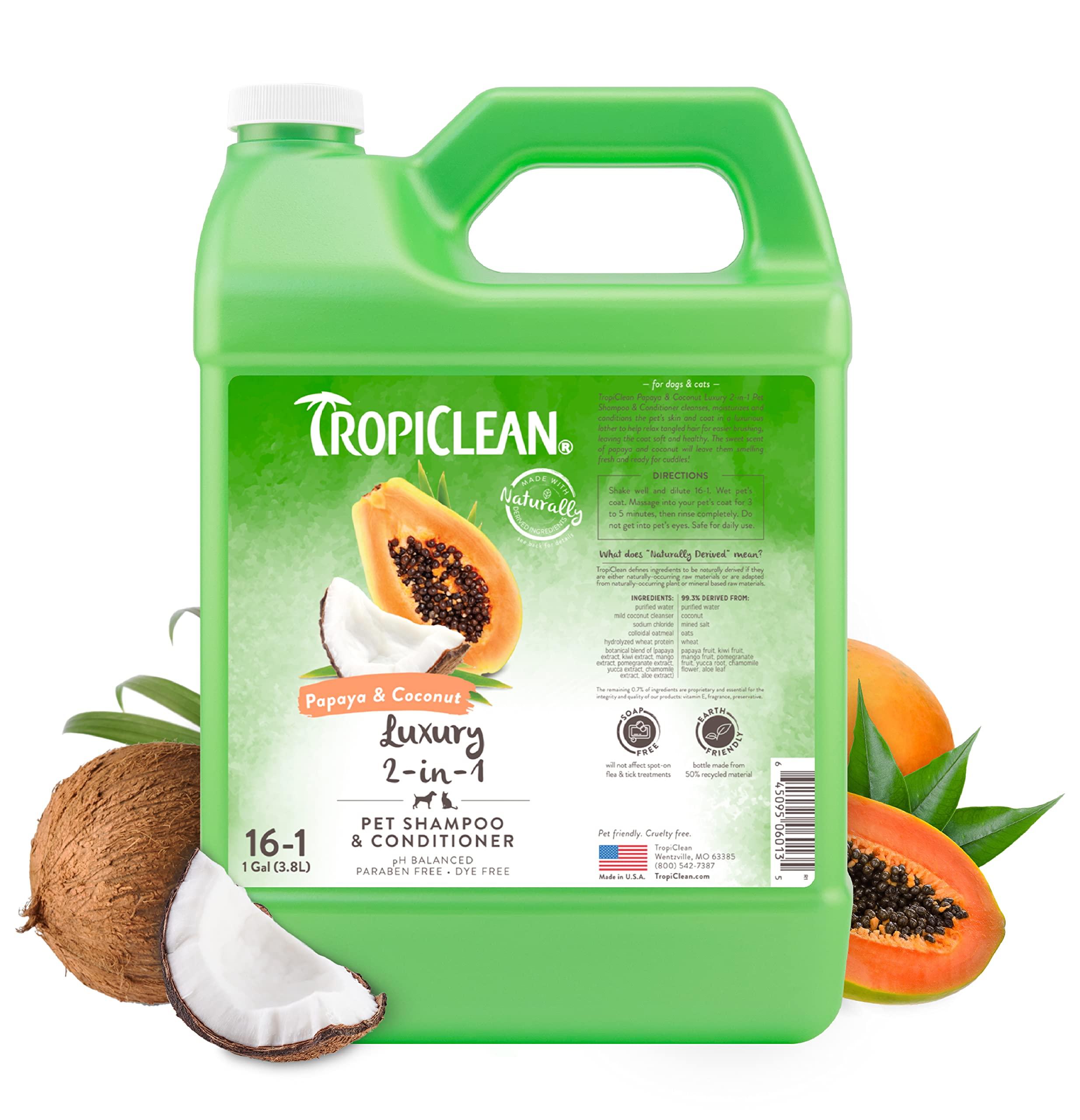 TropiClean 2-in-1 Dog Shampoo and Conditioner, Professional Dog Shampoo, Moisturizing Detangler, Puppy Safe, Made in USA, Papaya Scent, 1 Gallon