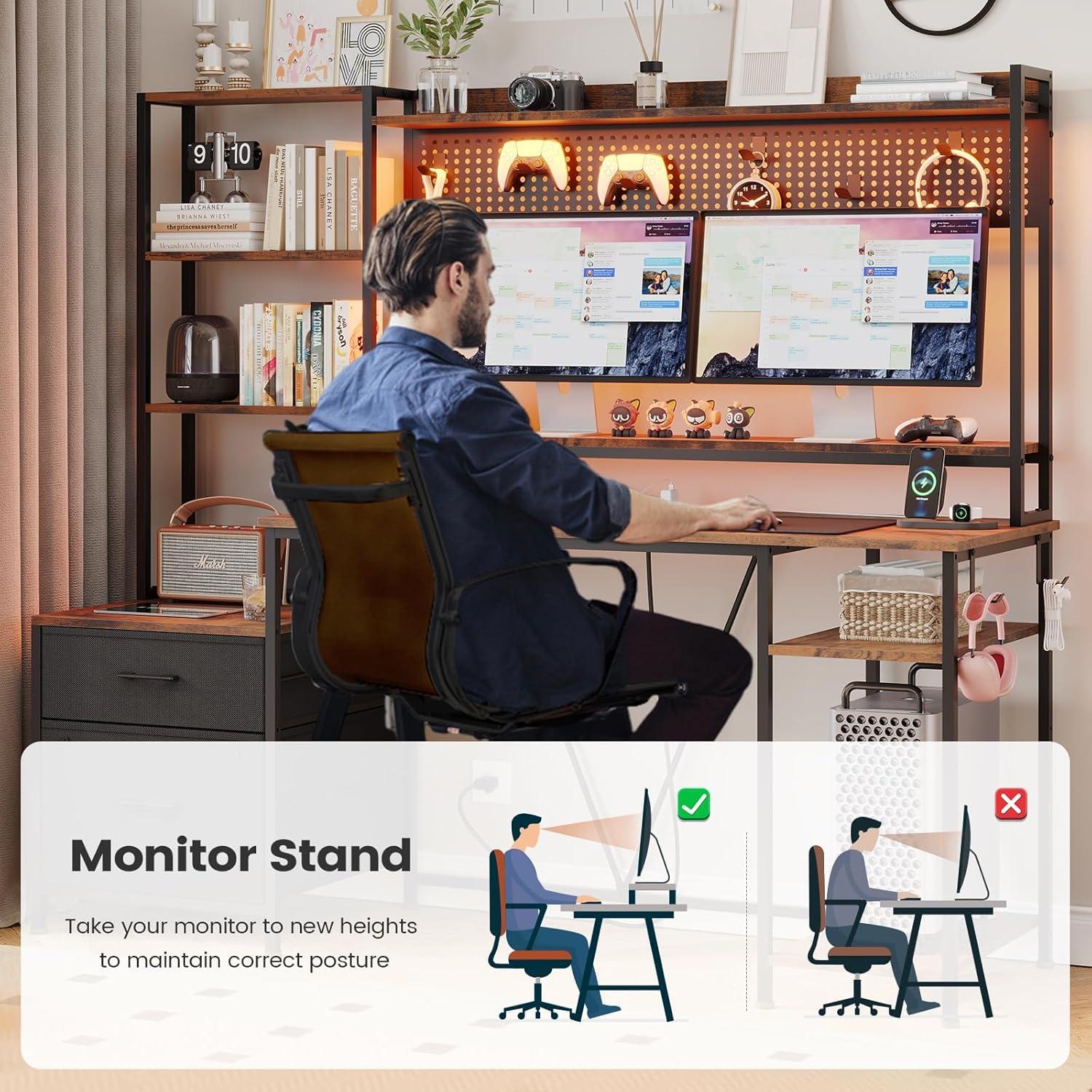 UPOSOJA Gaming Desk with Hutch, 65in Reversible Computer Desk with Power Outlets LED Light, Home Office Desk with Monitor Stand 2 Drawers 4 Storage Shelves Pegboard 8 Hooks Mouse Pad (Brown) - Image 6